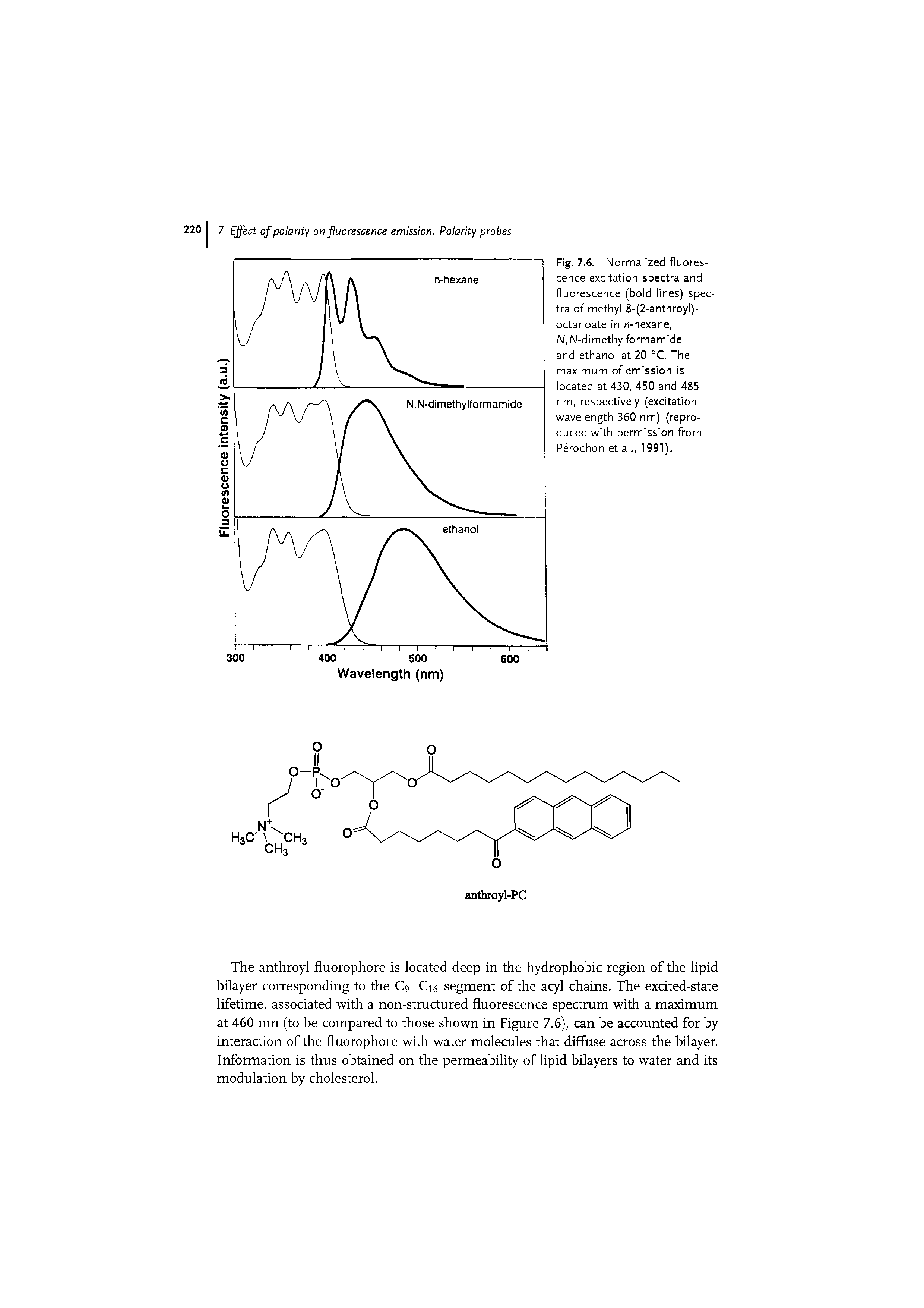 Fig. 7.6. Normalized fluorescence excitation spectra and fluorescence (bold lines) spectra of methyl 8-(2-anthroyl)-octanoate in n-hexane, N,N-dimethylformamide and ethanol at 20 °C. The maximum of emission is located at 430, 450 and 485 nm, respectively (excitation wavelength 360 nm) (reproduced with permission from Perochon et al., 1991).