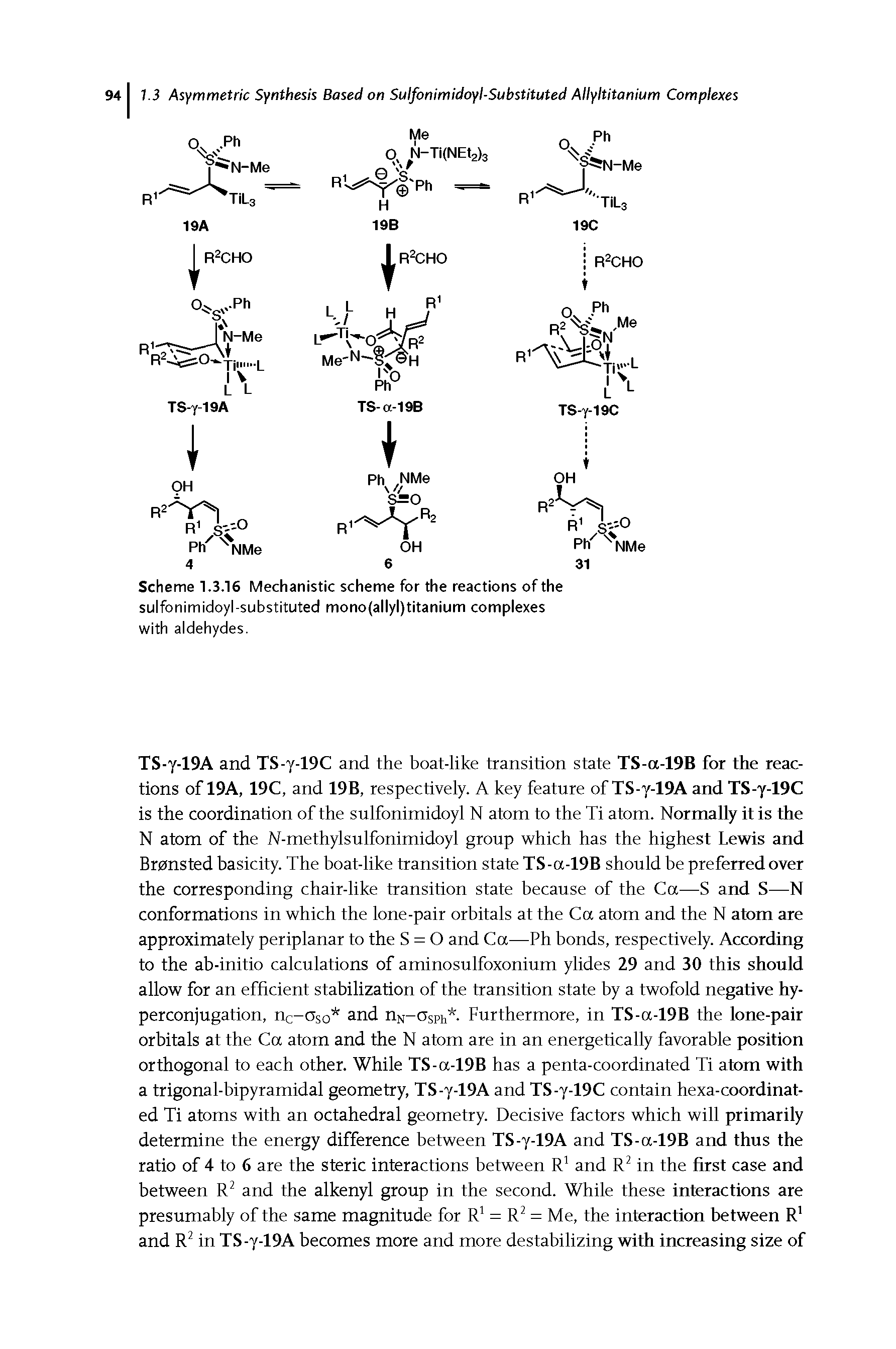 Scheme 1.3.16 Mechanistic scheme for the reactions of the sulfonimidoyl-substituted mono(allyl)titanium complexes with aldehydes.