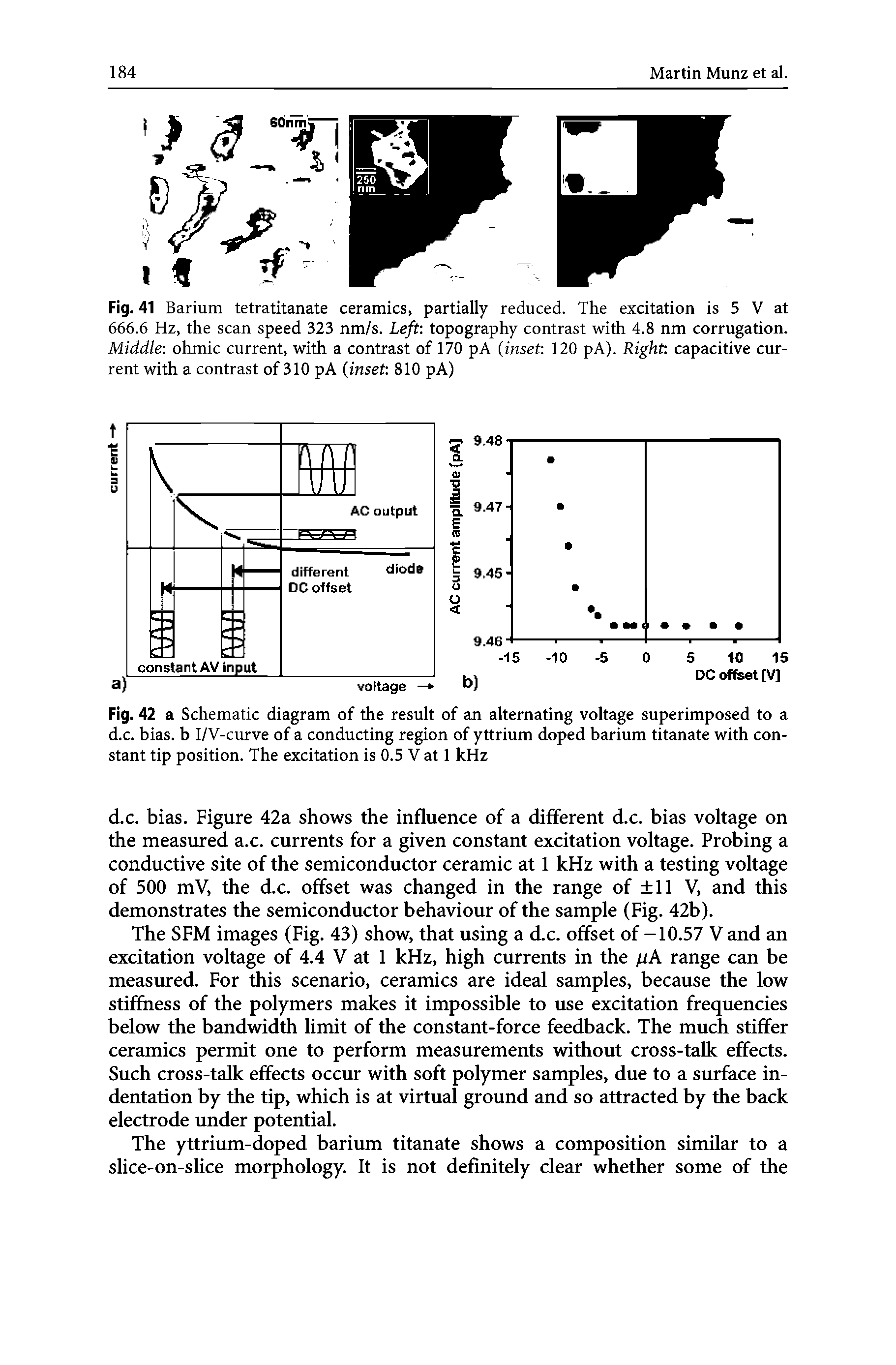 Fig. 41 Barium tetratitanate ceramics, partially reduced. The excitation is 5 V at 666.6 Hz, the scan speed 323 nm/s. Left topography contrast with 4.8 nm corrugation. Middle ohmic current, with a contrast of 170 pA inset 120 pA). Right capacitive current with a contrast of 310 pA inset 810 pA)...