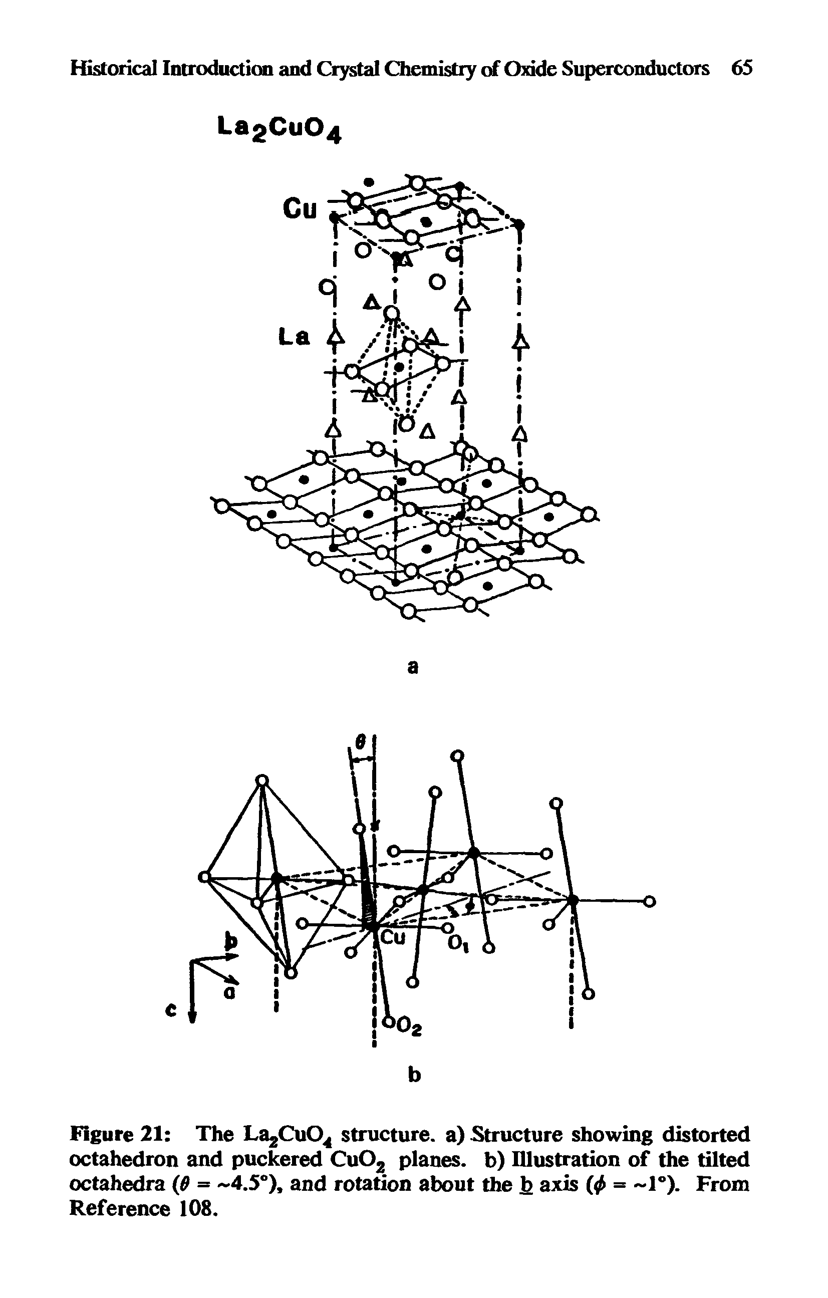 Figure 21 The La2Cu04 structure, a) Structure showing distorted octahedron and puckered CuOz planes, b) Illustration of the tilted octahedra (0 = 4.5°), and rotation about the b axis = 1°). From Reference 108.