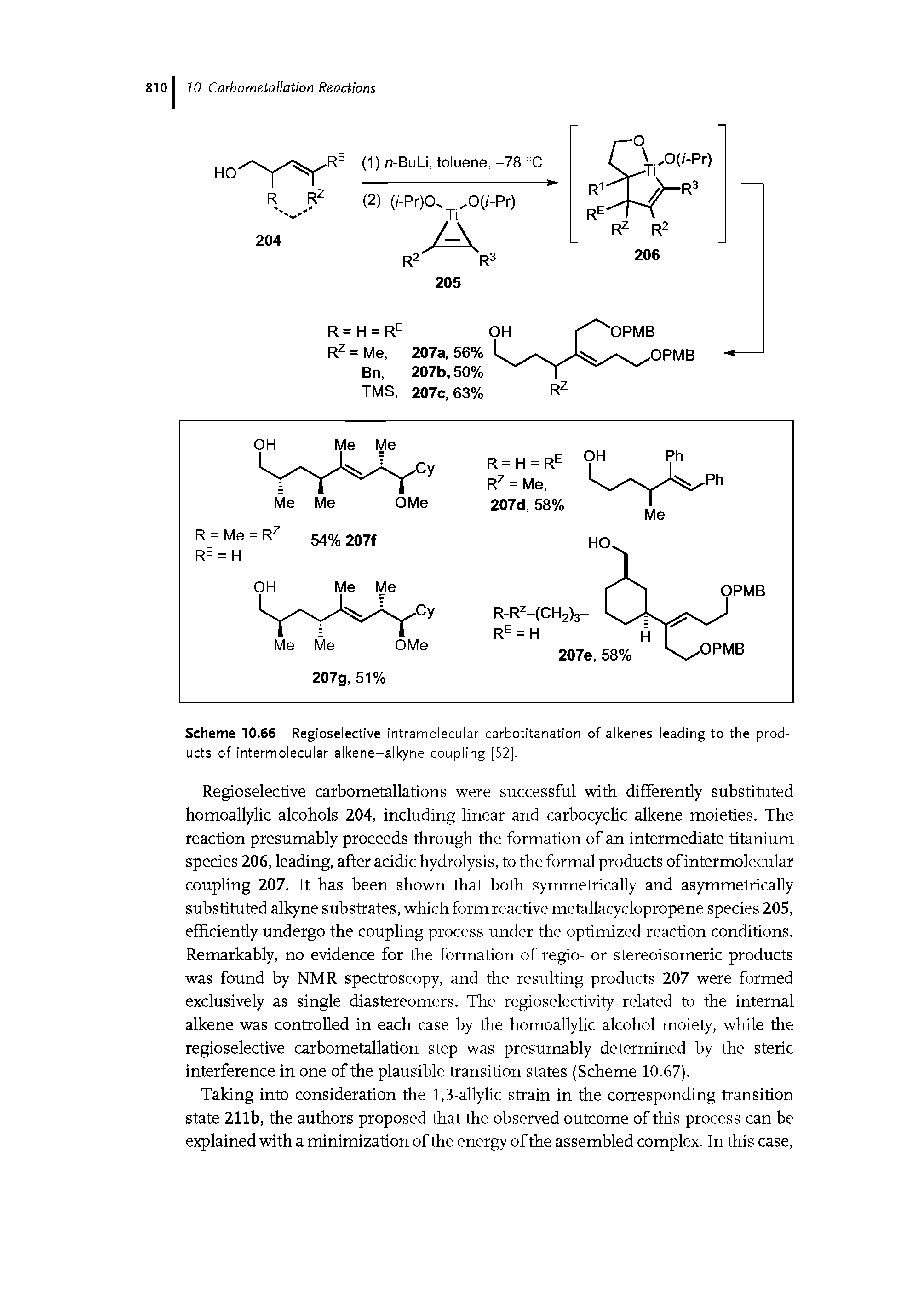 Scheme 10.66 Regioselective intramolecular carbotitanation of alkenes leading to the products of intermolecular alkene-alkyne coupling [52].
