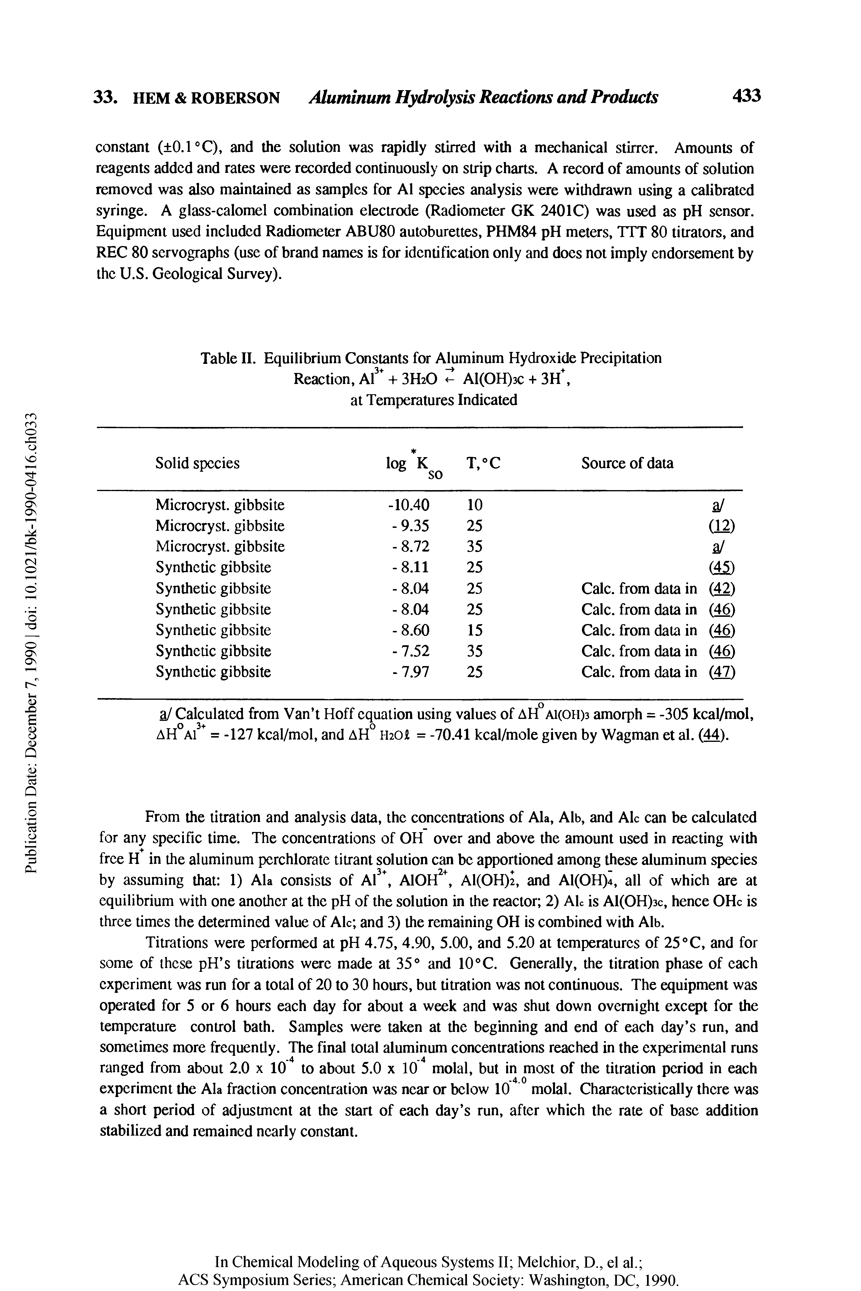 Table II. Equilibrium Constants for Aluminum Hydroxide Precipitation Reaction, Al + 3H2O Al(OH)3C + 3H, at Temperatures Indicated...