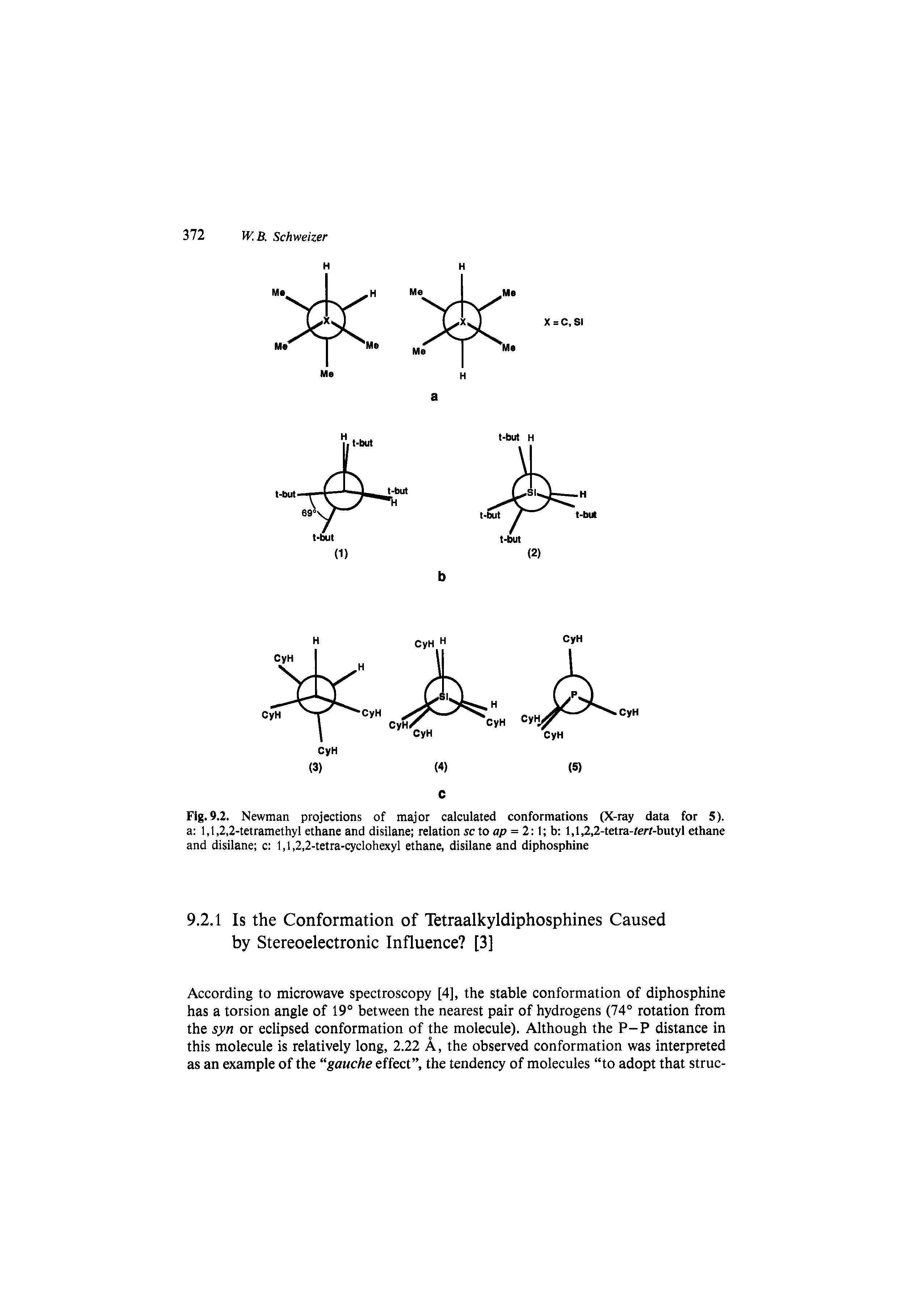 Fig. 9.2. Newman projections of major calculated conformations (X-ray data for 5). a 1,1,2,2-tetramethyl ethane and disilane relation sc to p = 2 1 b 1,1,2,2-tetra-rert-butyl ethane and disilane c 1,1,2,2-tetra-cyclohexyl ethane, disilane and diphosphine...
