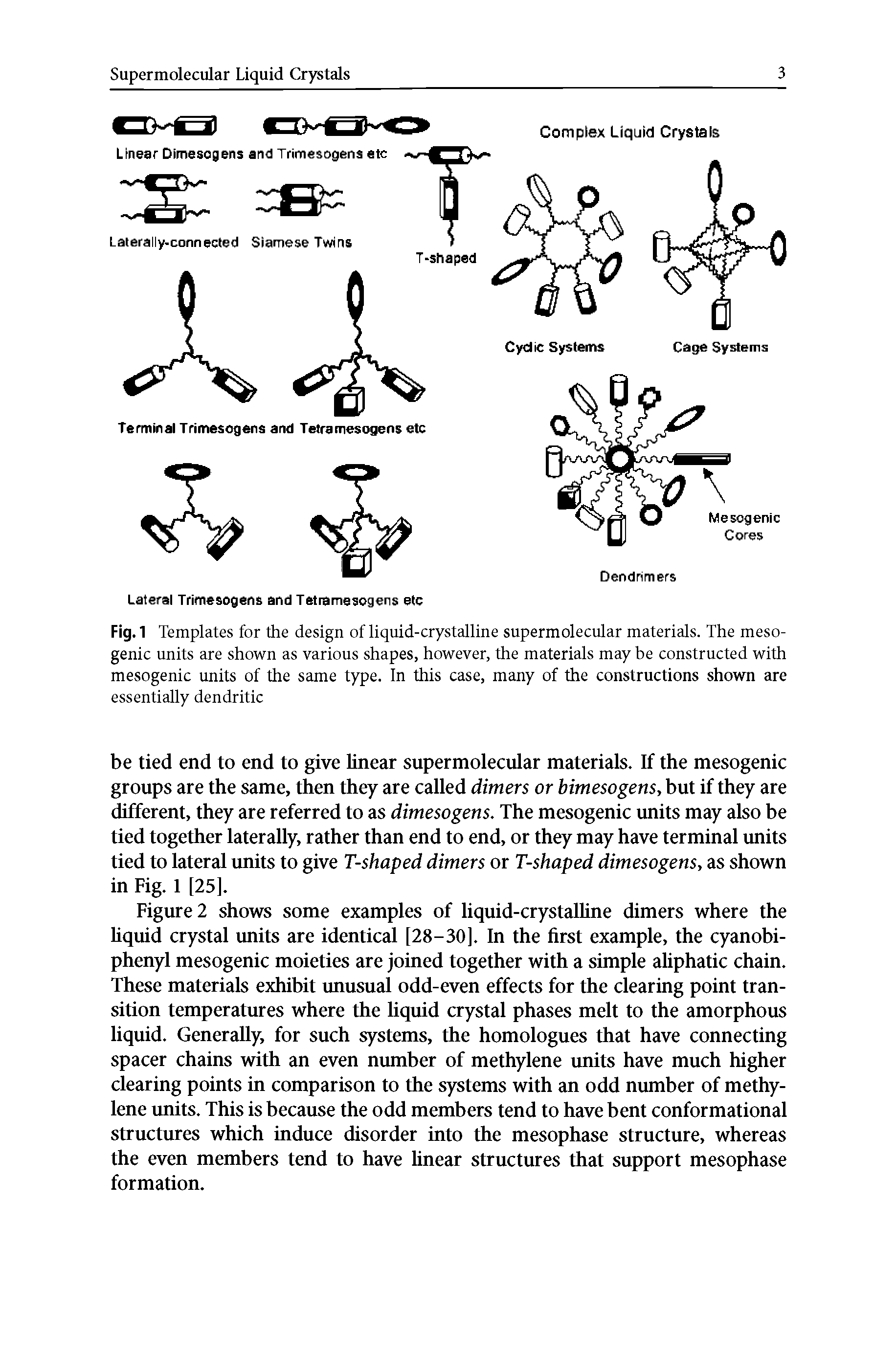 Fig. 1 Templates for the design of liquid-crystalline supermolecular materials. The meso-genic units are shown as various shapes, however, the materials may be constructed with mesogenic units of the same type. In this case, many of the constructions shown are essentially dendritic...