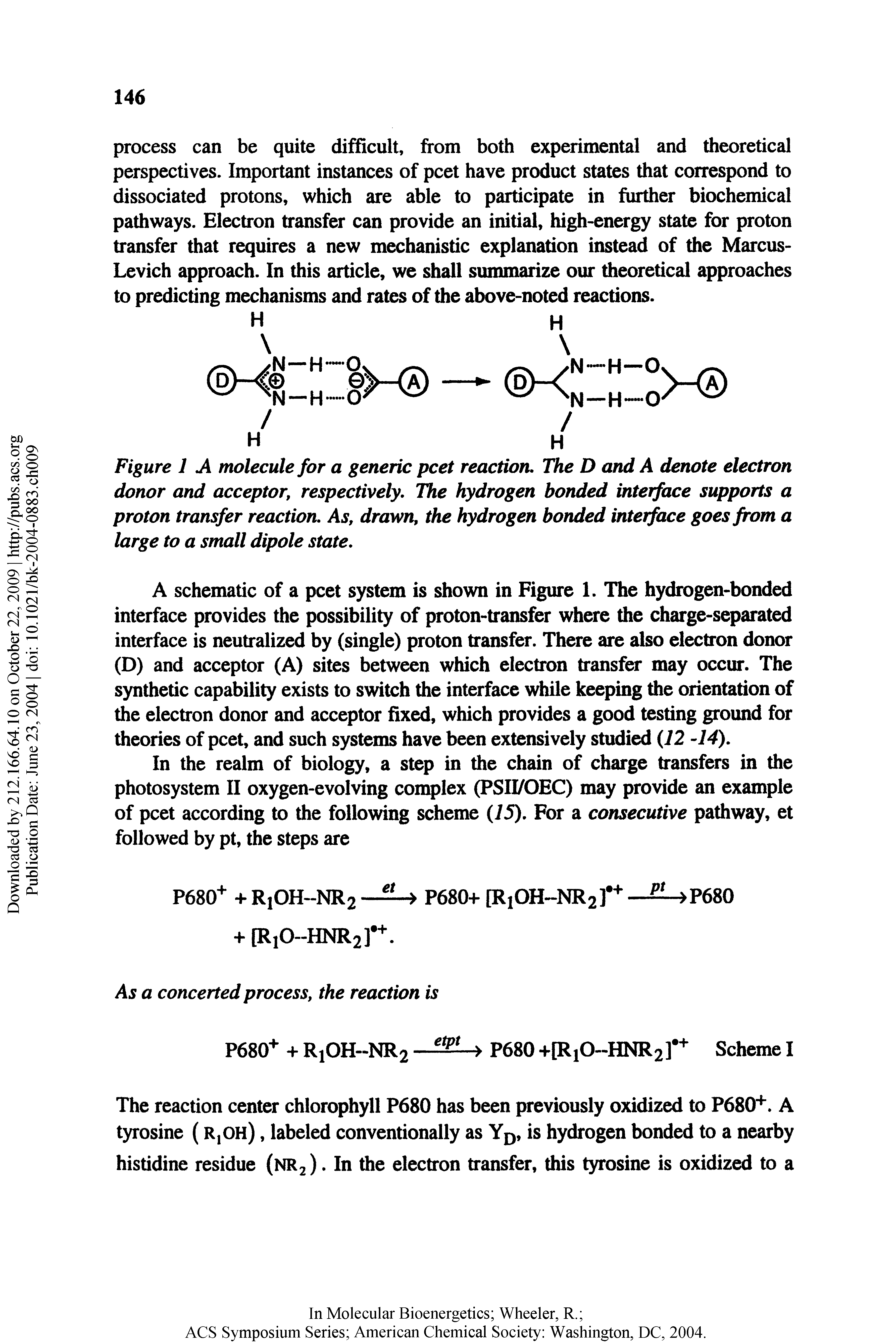 Figure 1 A molecule for a generic pcet reaction. The D and A denote electron donor and acceptor, respectively. The hydrogen bonded interface supports a proton transfer reaction. As, drawn, the hydrogen bonded interface goes from a large to a small dipole state.