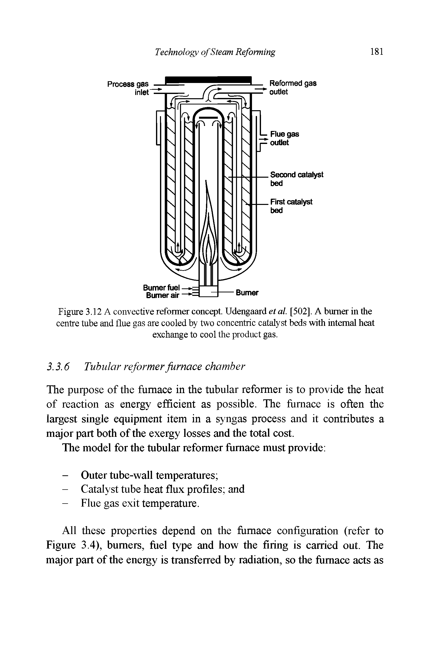 Figure 3.12 A convective reformer concept. Udengaard ef a/. [502]. A burner in the centre tube and flue gas are cooled by two concentric catalyst beds with internal heat exchange to cool the product gas.