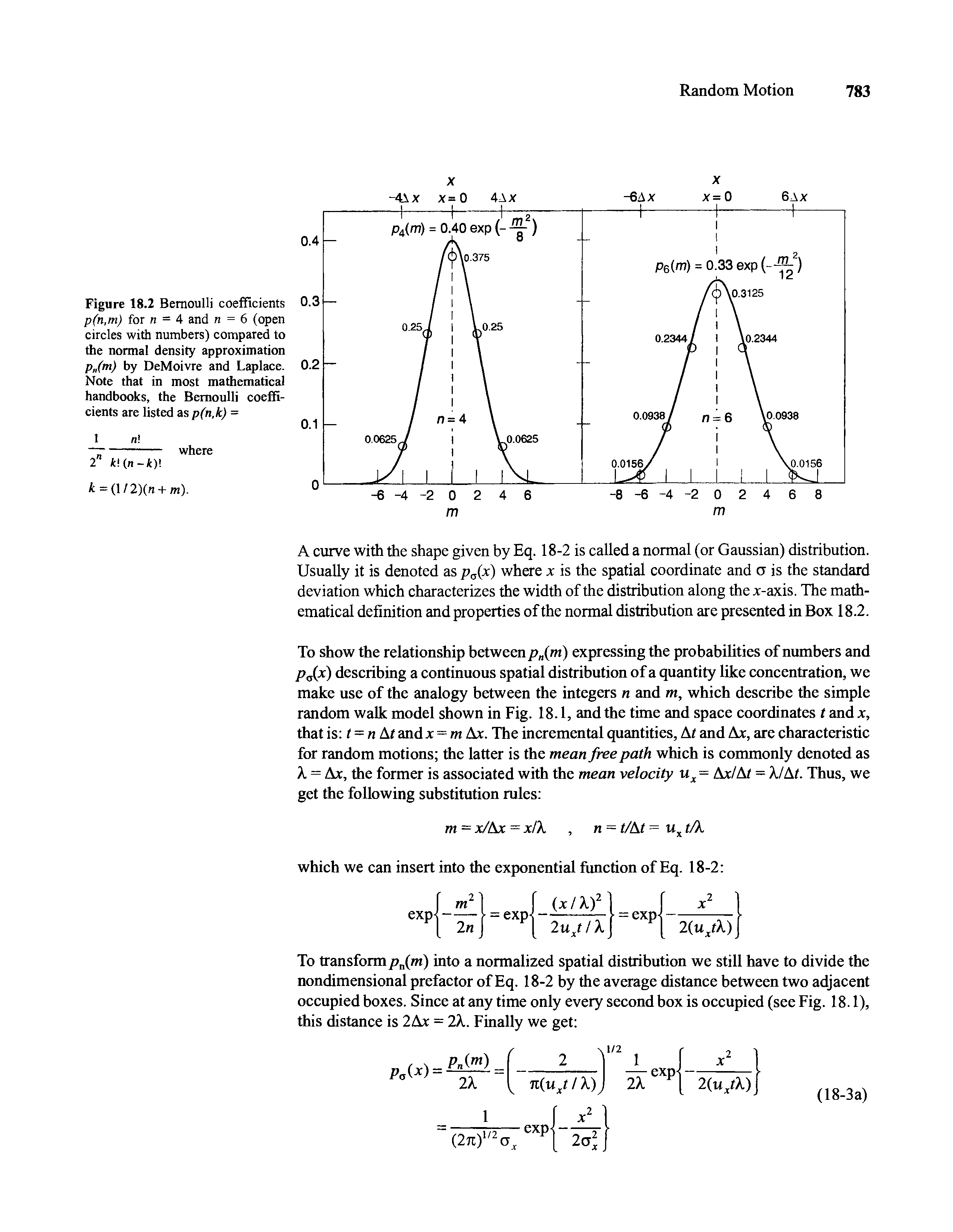 Figure 18.2 Bernoulli coefficients p(n,m) for n - 4 and n = 6 (open circles with numbers) compared to the normal density approximation p (m) by DeMoivre and Laplace. Note that in most mathematical handbooks, the Bernoulli coefficients are listed as p(n,k) =...