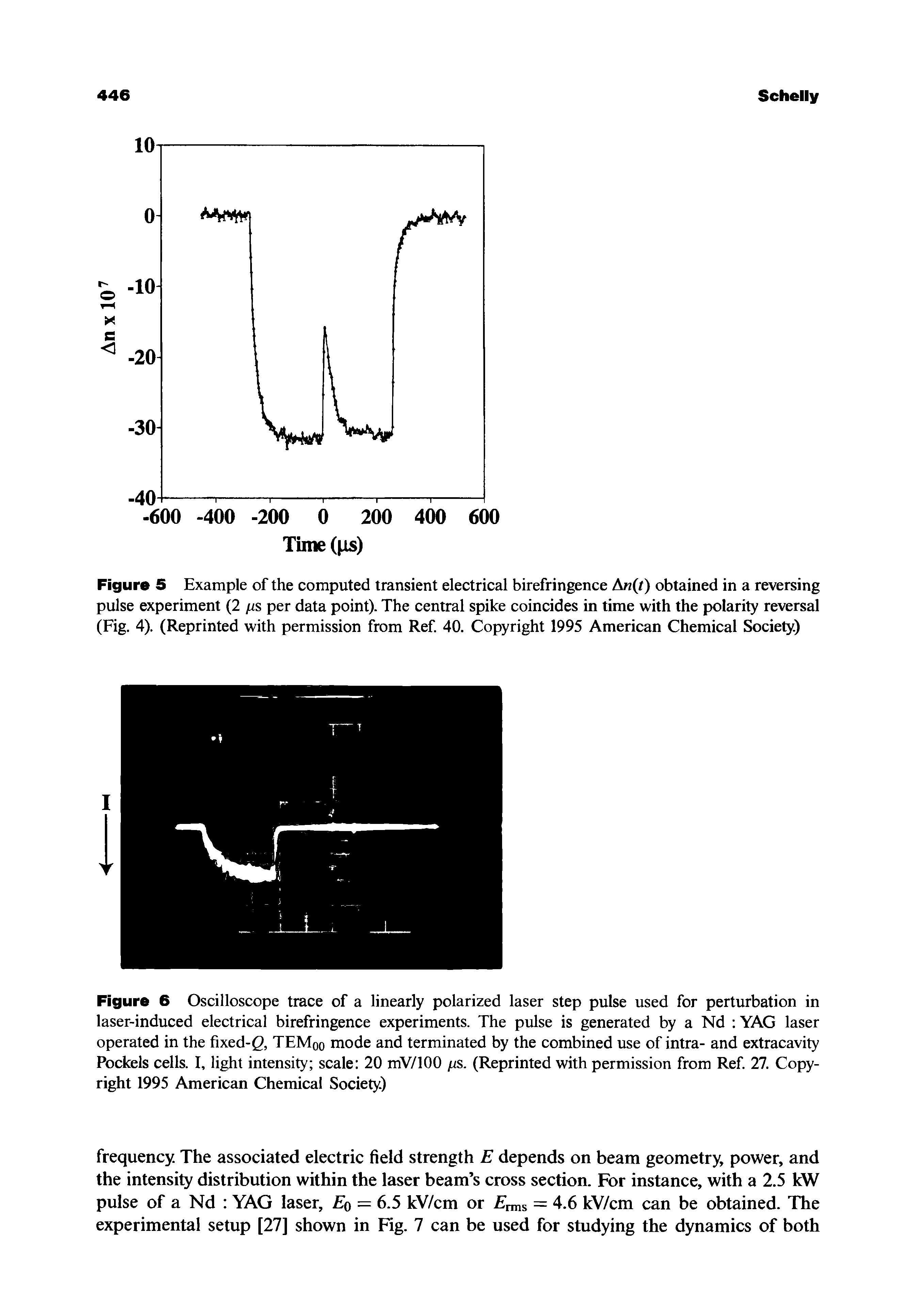 Figure 5 Example of the computed transient electrical birefringence An(t) obtained in a reversing pulse experiment (2 fis per data point). The central spike coincides in time with the polarity reversal (Fig. 4). (Reprinted with permission from Ref 40. Copyright 1995 American Chemical Society)...
