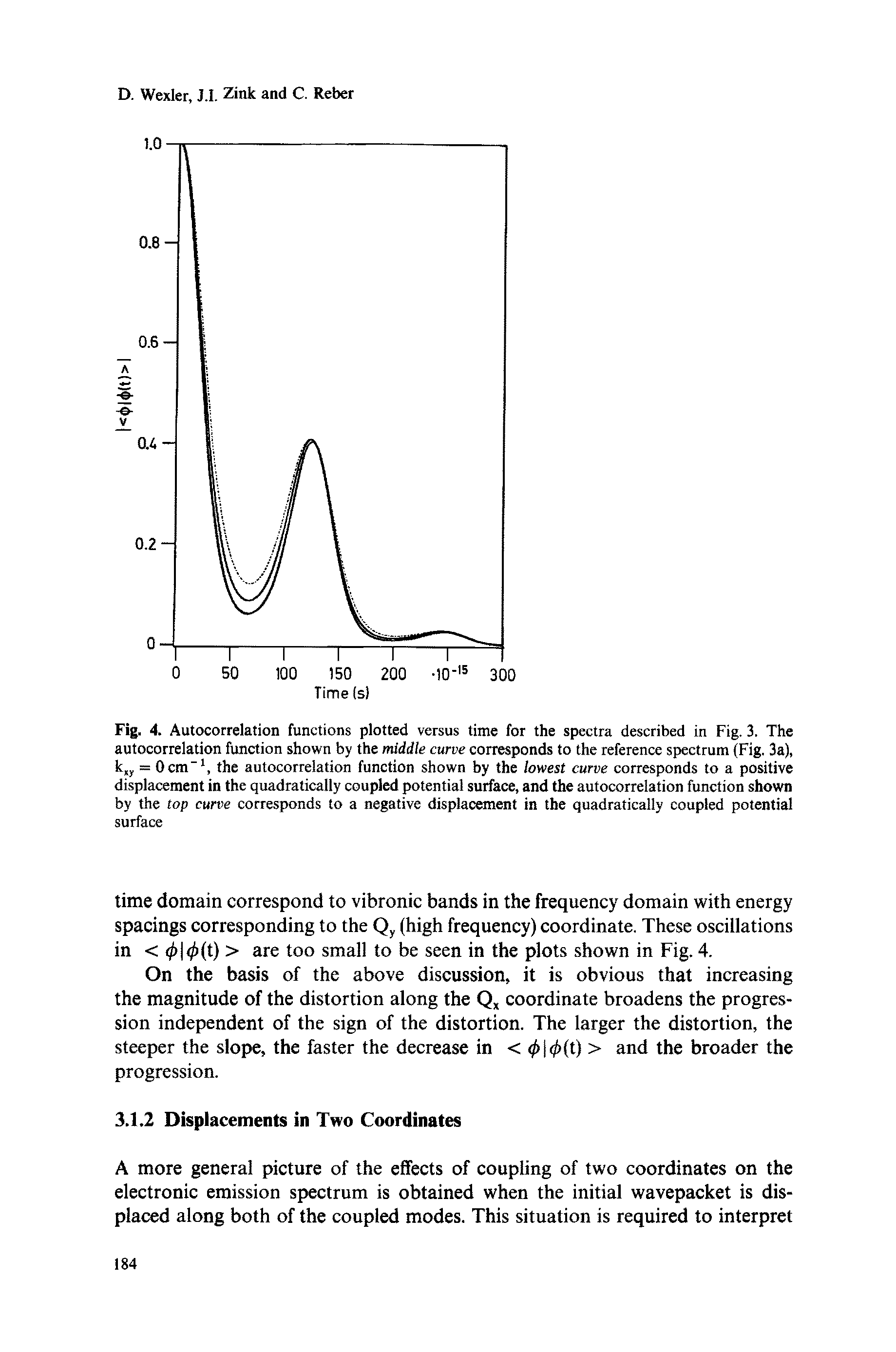 Fig. 4. Autocorrelation functions plotted versus time for the spectra described in Fig. 3. The autocorrelation function shown by the middle curve corresponds to the reference spectrum (Fig. 3a), k.j, = Ocm-1, the autocorrelation function shown by the lowest curve corresponds to a positive displacement in the quadratically coupled potential surface, and the autocorrelation function shown by the top curve corresponds to a negative displacement in the quadratically coupled potential surface...