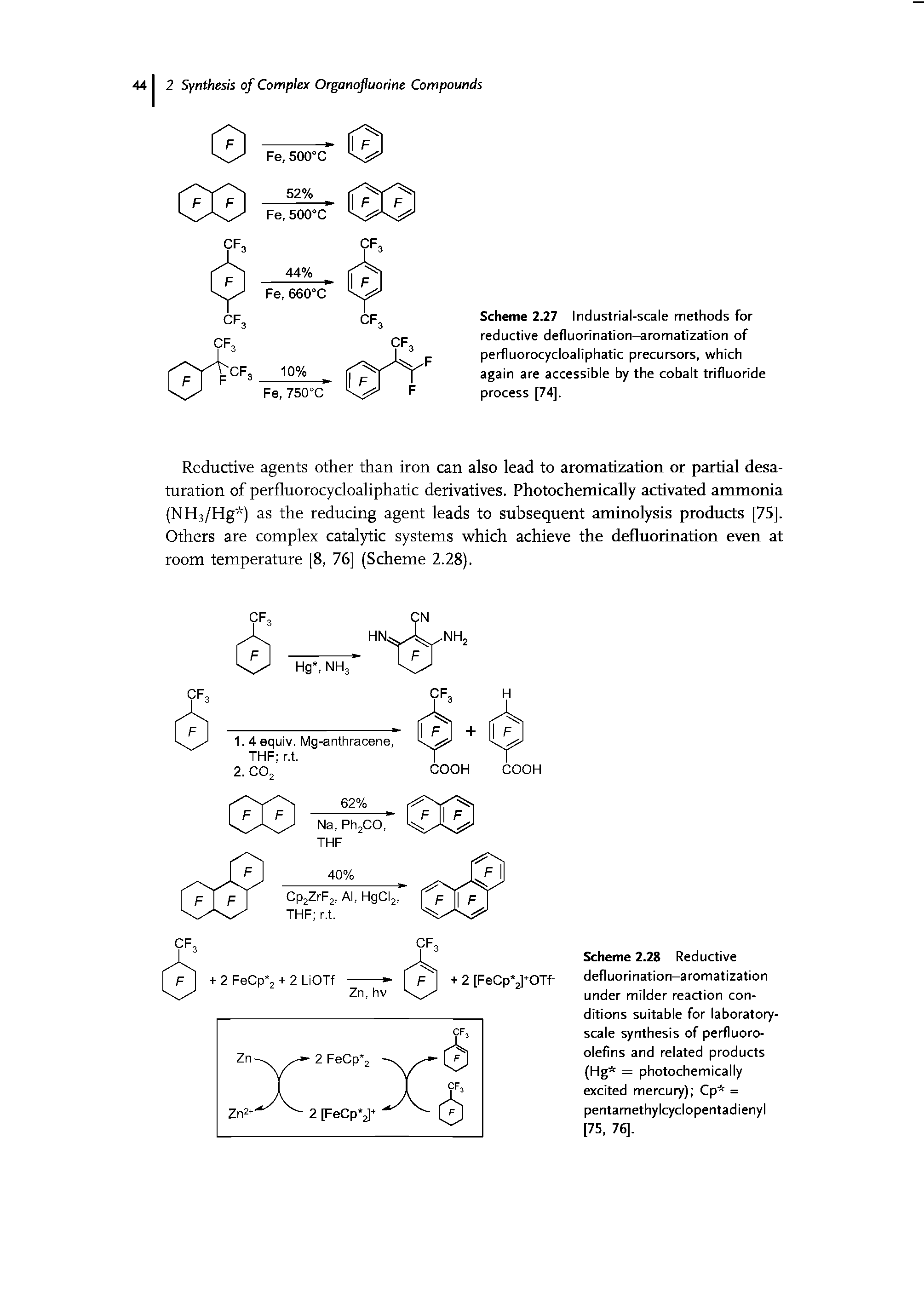 Scheme 2.28 Reductive defluorination-aromatization under milder reaction conditions suitable for laboratory-scale synthesis of perfluoro-olefins and related products (Hg = photochemically excited mercury) Cp = pentamethylcyclopentadienyl [75. 76].