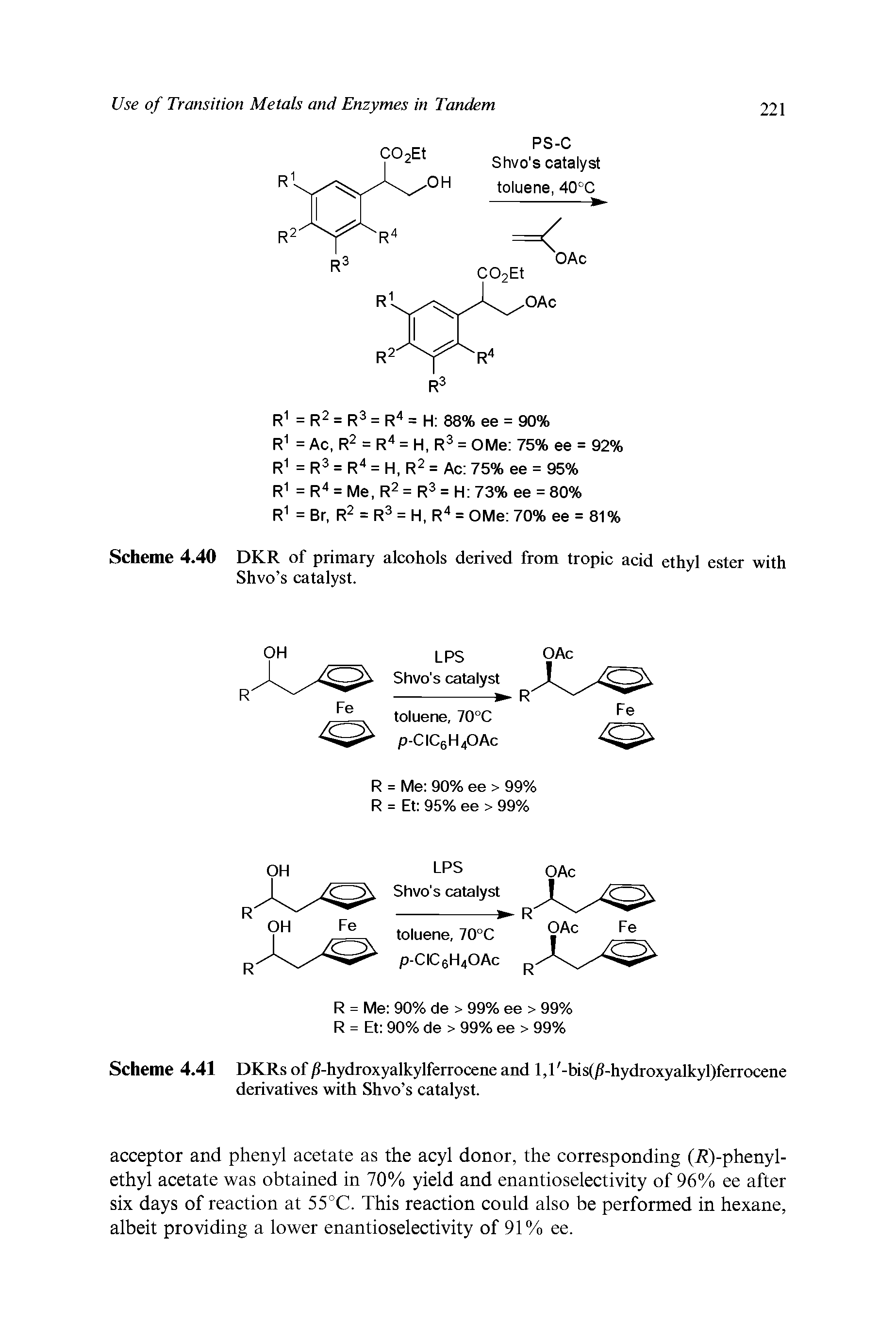 Scheme 4.40 DKR of primary alcohols derived from tropic acid ethyl ester with Shvo s catalyst.