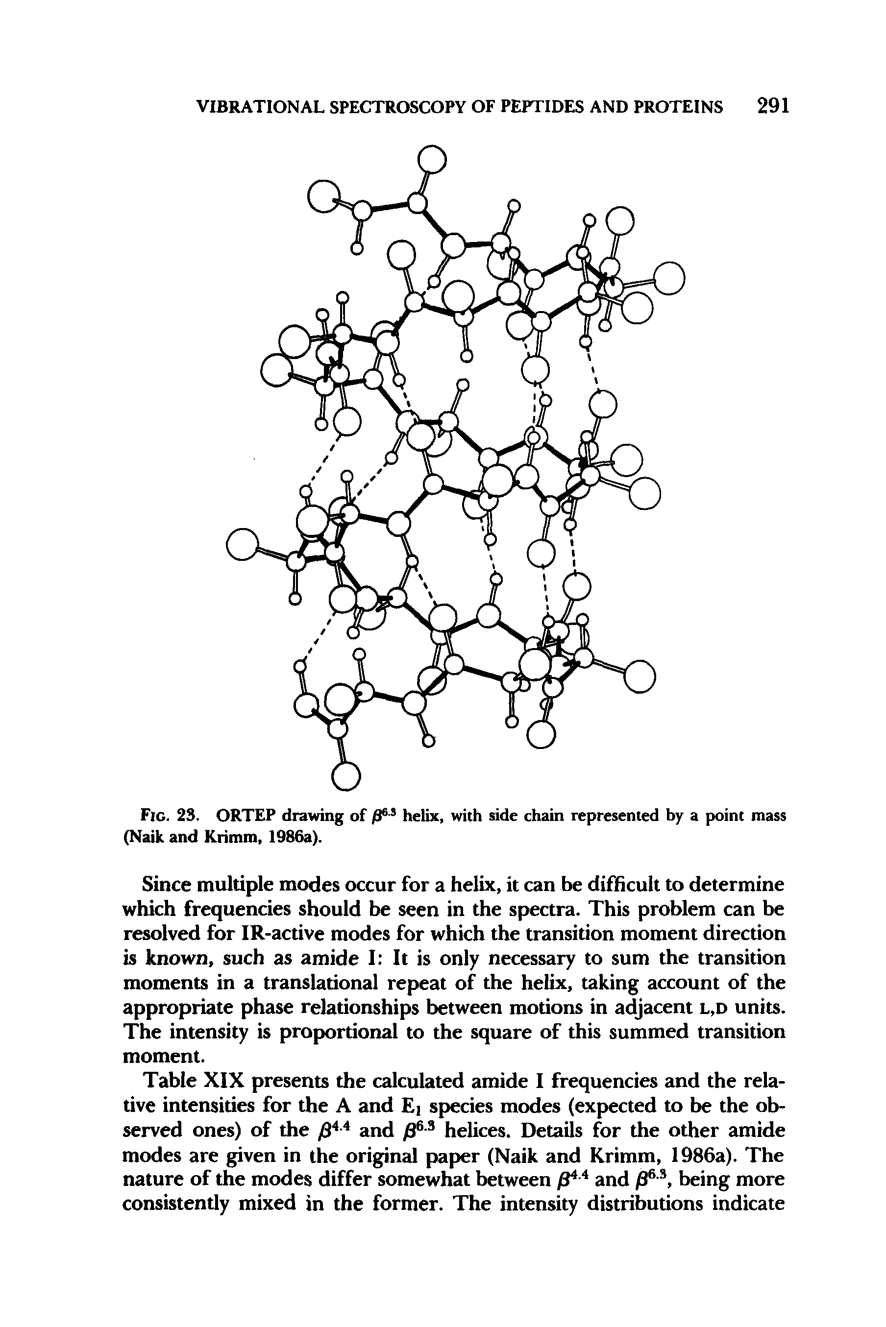 Table XIX presents the calculated amide I frequencies and the relative intensities for the A and Ej species modes (expected to be the observed ones) of the and jS - helices. Details for the other amide modes are given in the original paper (Naik and Krimm, 1986a). The nature of the modes differ somewhat between and )3 , being more...