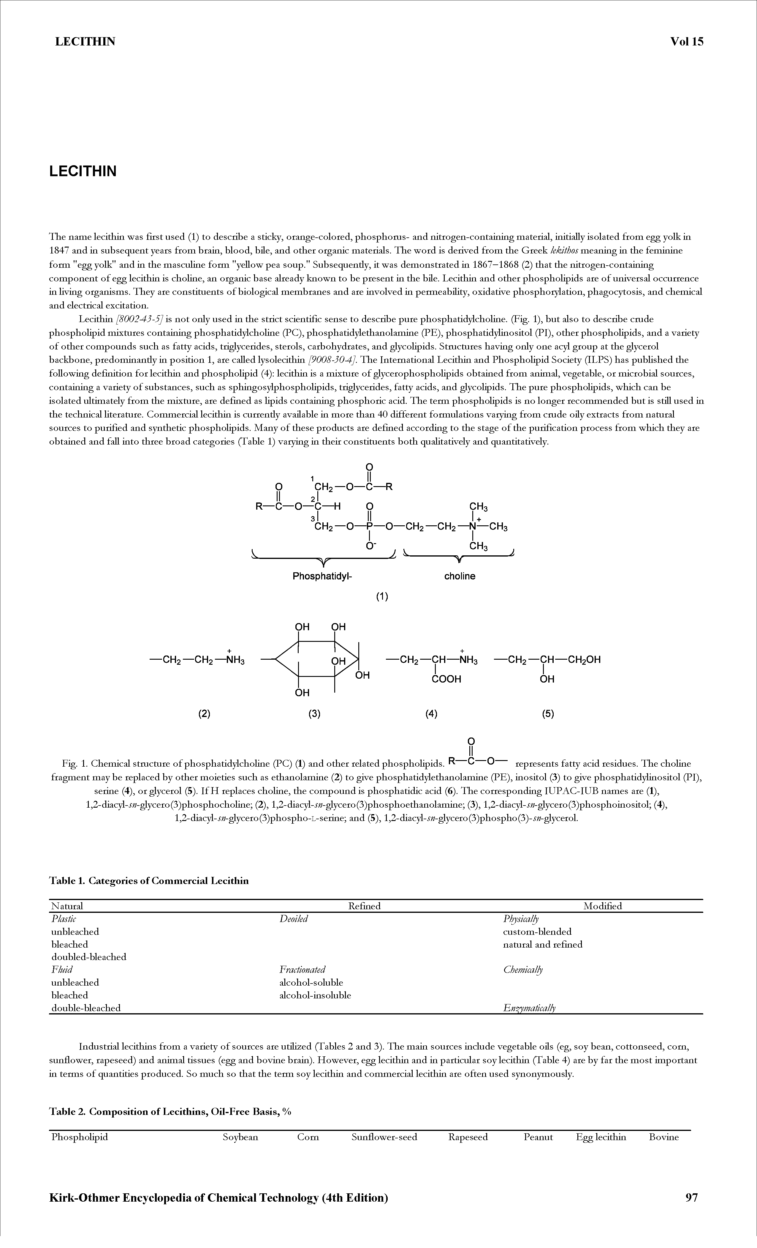 Fig. 1. Chemical stmcture of phosphatidylcholine (PC) (1) and other related phosphohpids. R C O represents fatty acid residues. The choline fragment may be replaced by other moieties such as ethanolamine (2) to give phosphatidylethanolamine (PE), inositol (3) to give phosphatidylinositol (PI), serine (4), or glycerol (5). IfH replaces choline, the compound is phosphatidic acid (6). The corresponding lUPAC-lUB names ate (1), l,2-diacyl-t -glyceto(3)phosphocholine (2), l,2-diacyl-t -glyceto(3)phosphoethanolamine (3), 1,2-diacyl-t -glyceto(3)phosphoinositol (4), 1,2-diacyl-t -glyceto(3)phospho-L-serine and (5), l,2-diacyl-t -glyceto(3)phospho(3)-t -glycetol.