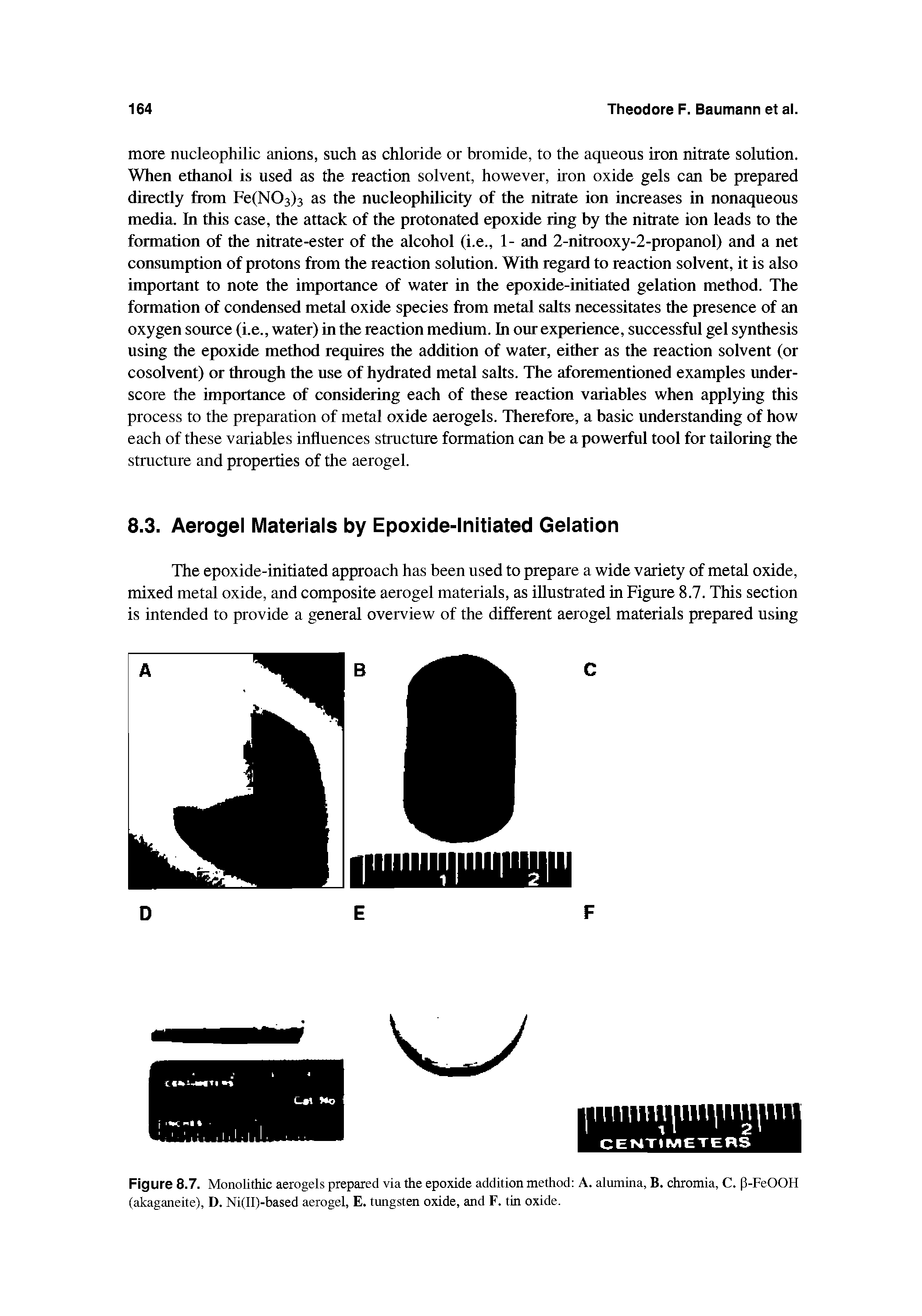 Figure 8.7. MonoUthic aerogels prepared via the epoxide addition method A. alumina, B. chromia, C. p-FeOOH (akaganeite), D. Ni(ll)-based aerogel, E. tungsten oxide, and F. tin oxide.