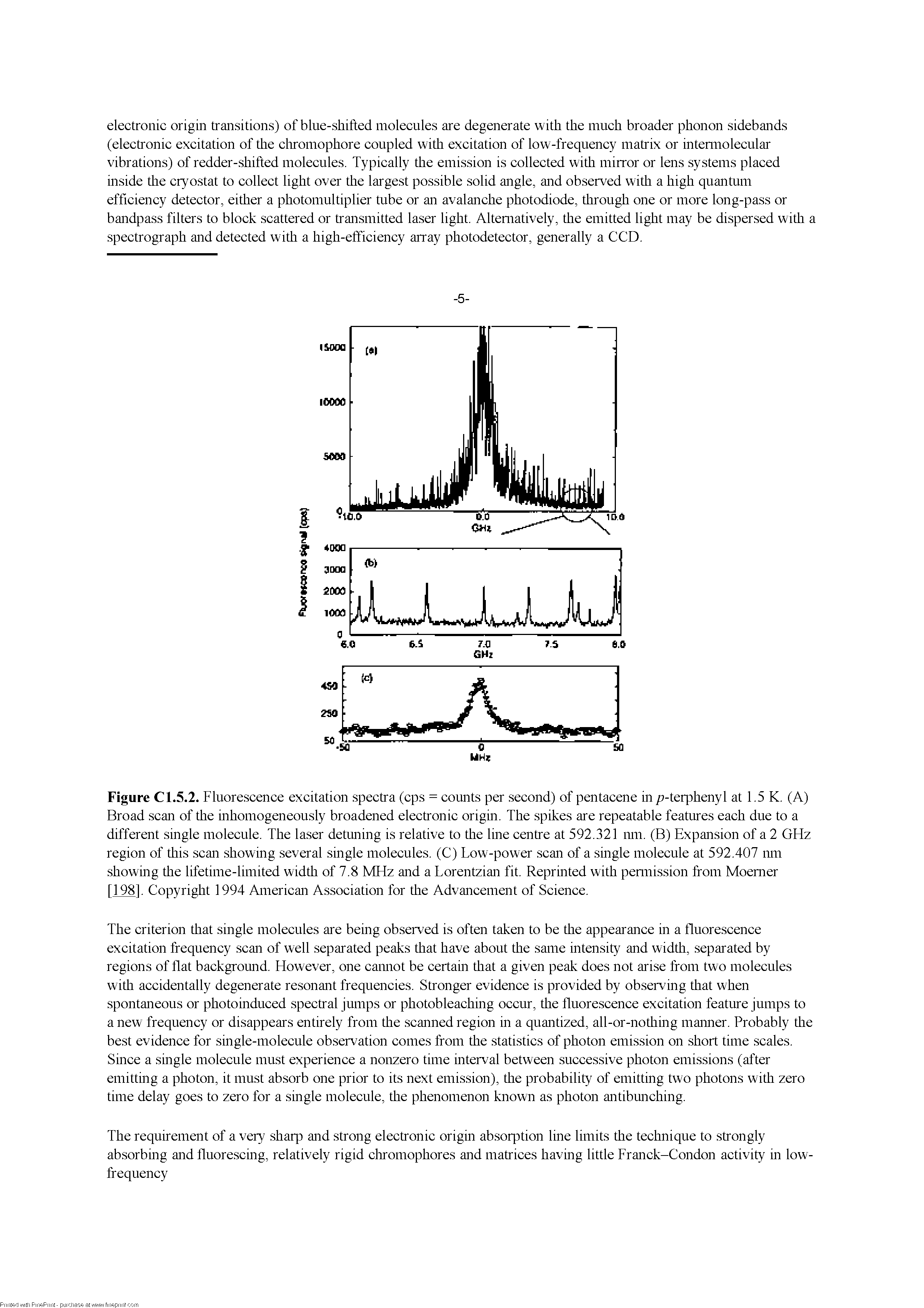 Figure Cl.5.2. Fluorescence excitation spectra (cps = counts per second) of pentacene in /i-teriDhenyl at 1.5 K. (A) Broad scan of the inhomogeneously broadened electronic origin. The spikes are repeatable features each due to a different single molecule. The laser detuning is relative to the line centre at 592.321 nm. (B) Expansion of a 2 GHz region of this scan showing several single molecules. (C) Low-power scan of a single molecule at 592.407 nm showing the lifetime-limited width of 7.8 MHz and a Lorentzian fit. Reprinted with pennission from Moemer [198]. Copyright 1994 American Association for the Advancement of Science.