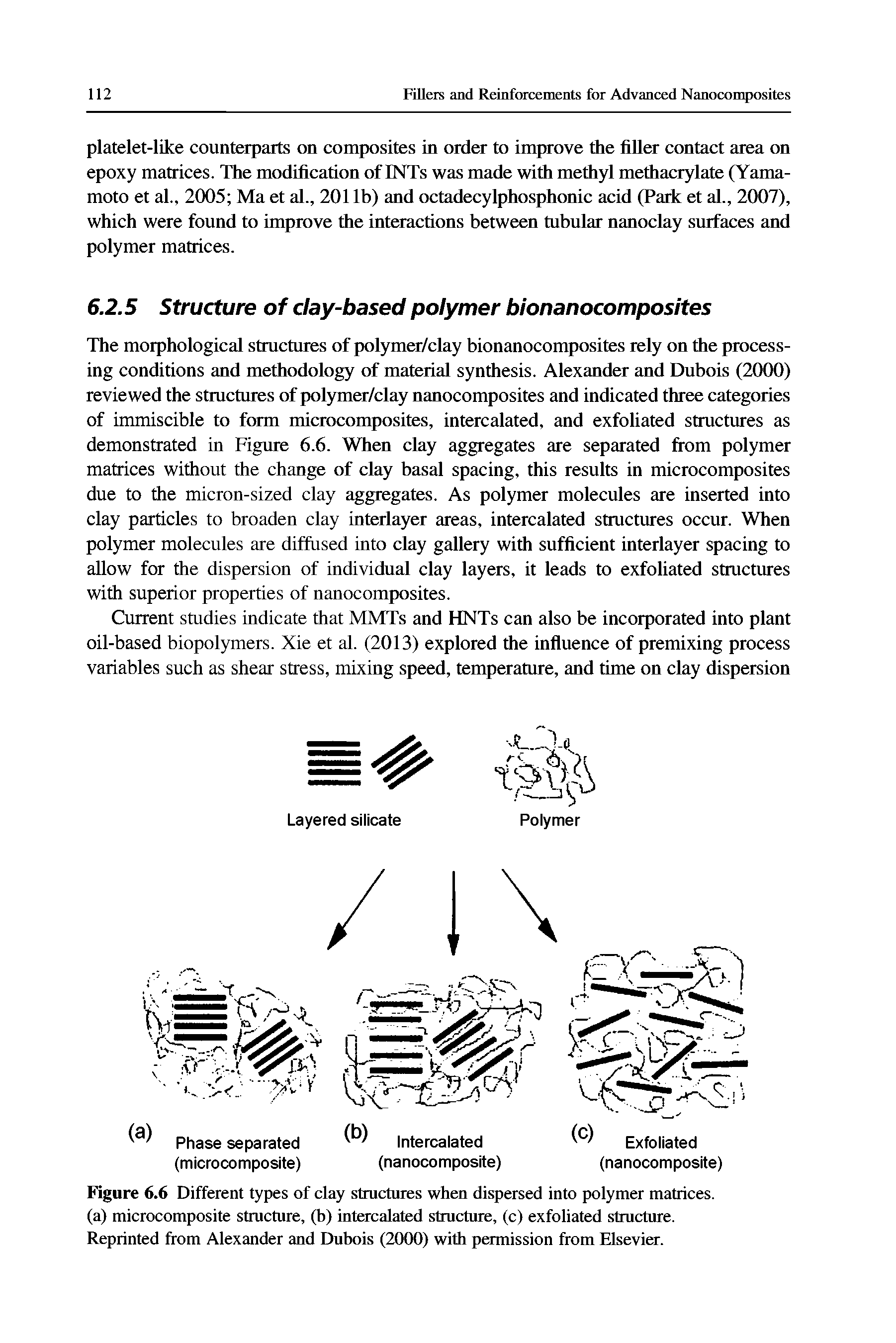 Figure 6.6 Different types of clay structures when dispersed into polymer matrices, (a) microcomposite structure, (b) intercalated structure, (c) exfoliated structure. Reprinted from Alexander and Dubois (2000) with permission from Elsevier.