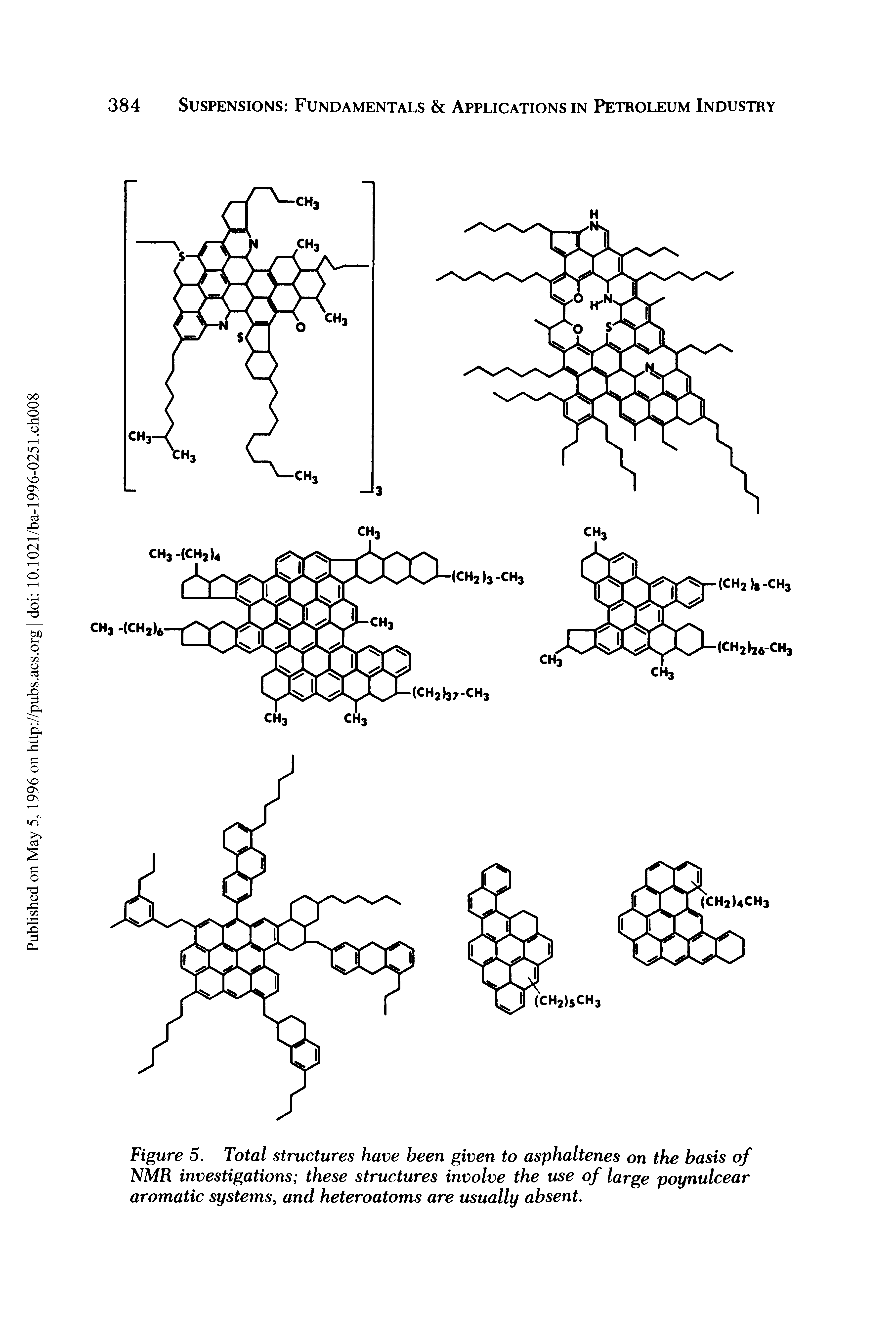 Figure 5. Total structures have been given to asphaltenes on the basis of NMR investigations these structures involve the use of large poynulcear aromatic systems, and heteroatoms are usually absent.