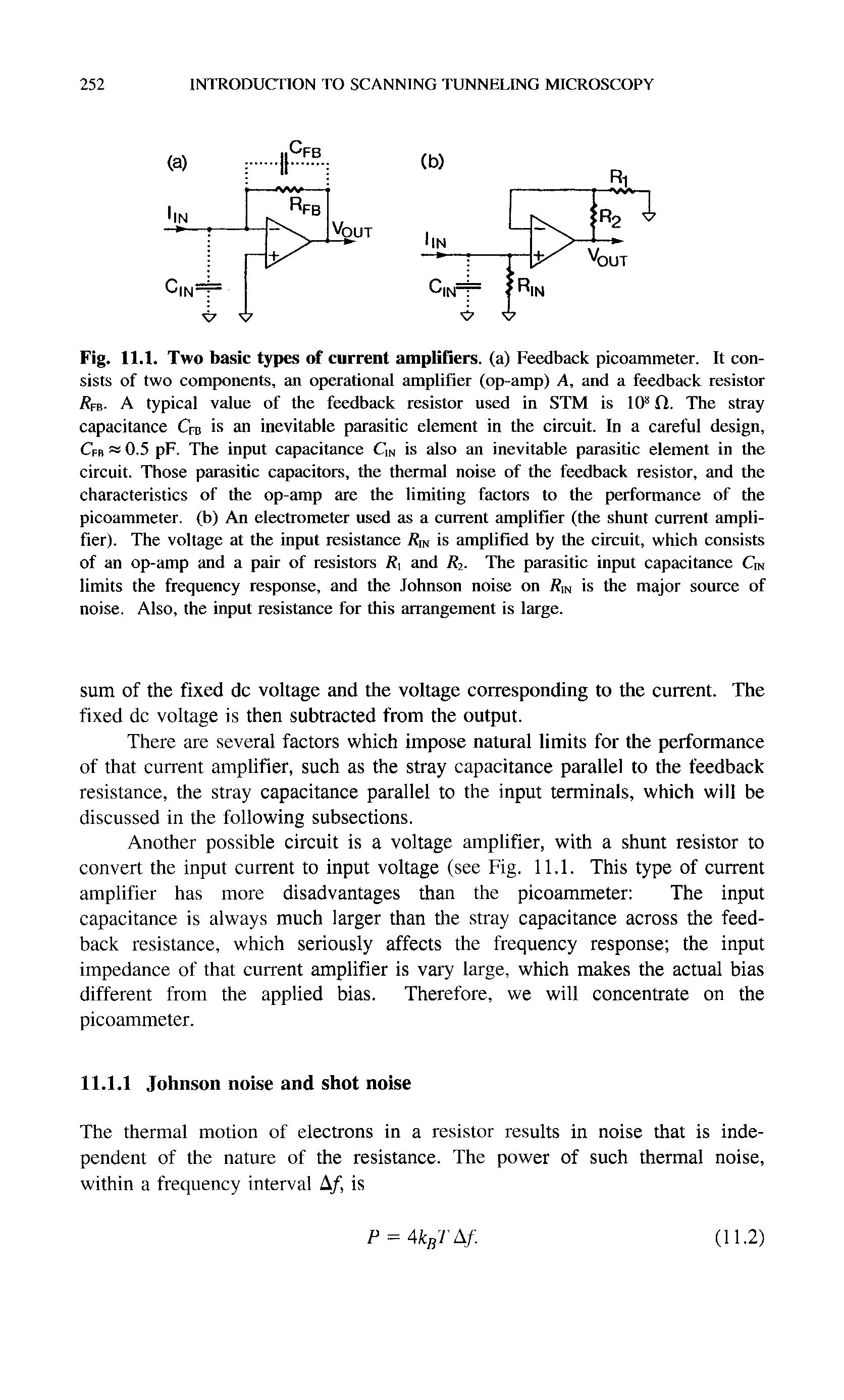Fig. 11.1. Two basic types of current ampliflers. (a) Feedback picoammeter. It consists of two components, an operational amplifier (op-amp) A, and a feedback resistor 1 fb- a typical value of the feedback resistor used in STM is 10 fl. The stray capacitance Cfb is an inevitable parasitic element in the circuit. In a careful design, Cfb 0.5 pF. The input capacitance Cm is also an inevitable parasitic element in the circuit. Those parasitic capacitors, the thermal noise of the feedback resistor, and the characteristics of the op-amp are the limiting factors to the performance of the picoammeter. (b) An electrometer used as a current amplifier (the shunt current amplifier). The voltage at the input resistance is amplified by the circuit, which consists of an op-amp and a pair of resistors R, and R2. The parasitic input capacitance Cm limits the frequency response, and the Johnson noise on Rm is the major source of noise. Also, the input resistance for this arrangement is large.