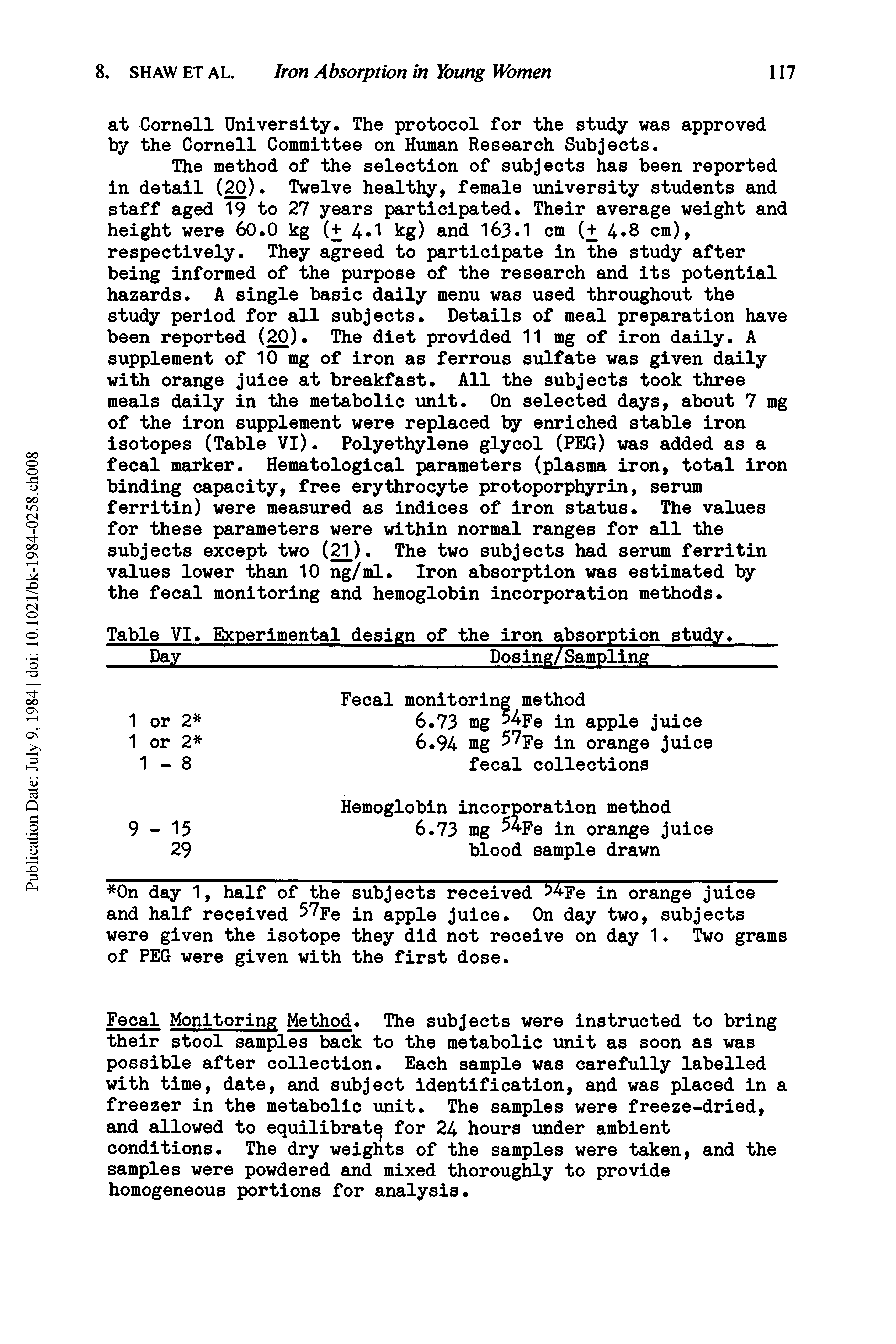 Table VI. Experimental design of the iron absorption study.