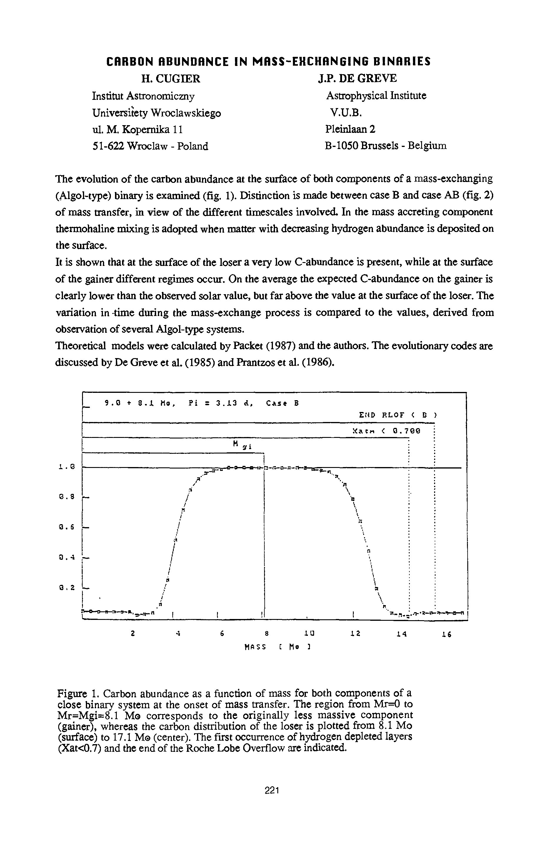 Figure 1. Carbon abundance as a function of mass for both components of a close binary system at the onset of mass transfer. The region from Mx=0 to Mr=Mgi=8.1 Mo corresponds to the originally less massive component (gainer), whereas the carbon distribution of the loser is plotted from 8.1 Mo (surface) to 17.1 M (center). The first occurrence of hydrogen depleted layers (Xat<0.7) and the end of the Roche Lobe Overflow are indicated.