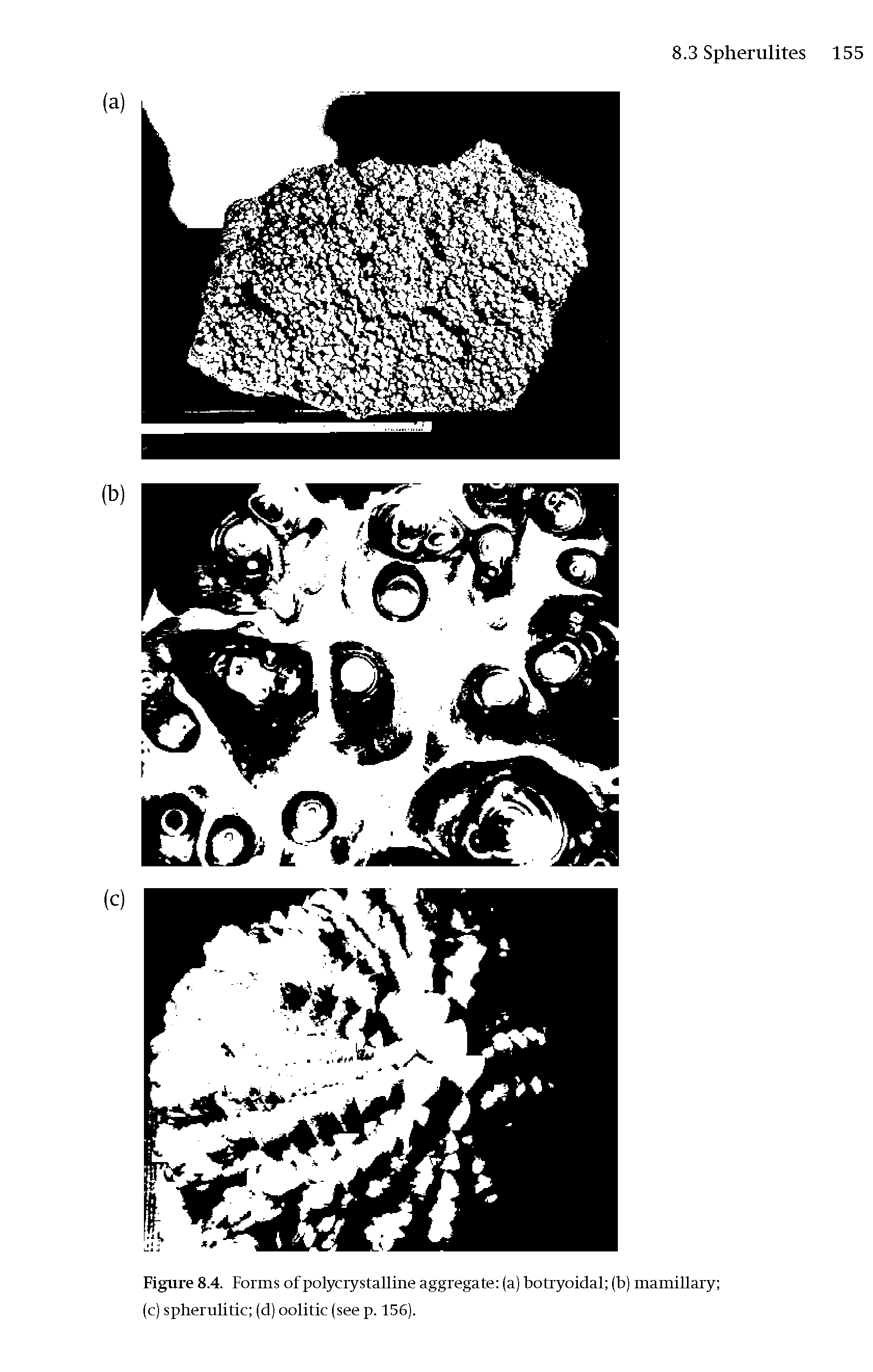 Figure 8.4. Forms of polycrystalline aggregate (a) botryoidal (b) mamillary (c) spherulitic (d) oolitic (see p. 156).