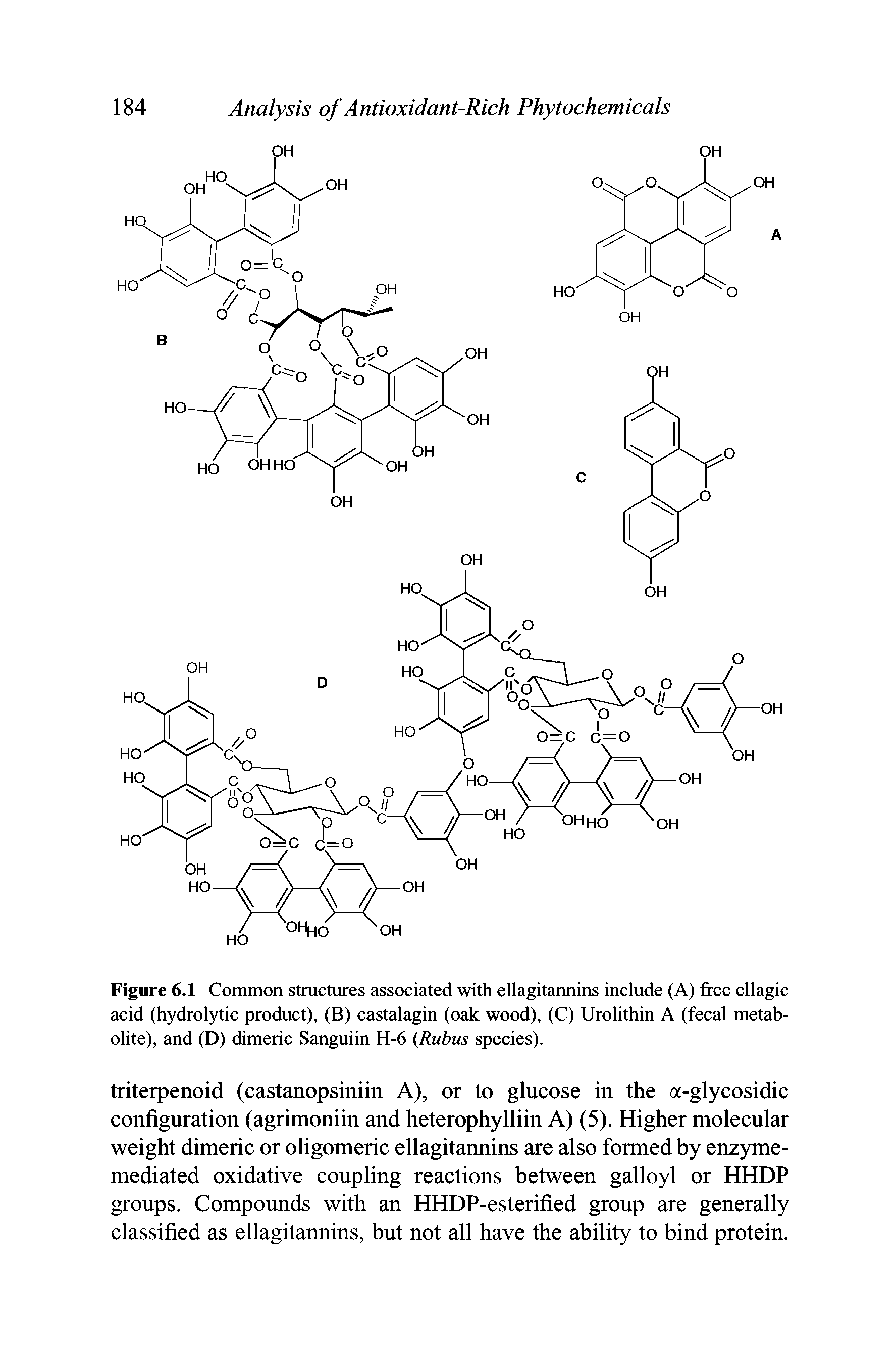 Figure 6.1 Common structures associated with ellagitannins include (A) free ellagic acid (hydrolytic product), (B) castalagin (oak wood), (C) Urolithin A (fecal metabolite), and (D) dimeric Sanguiin H-6 (Rubus species).