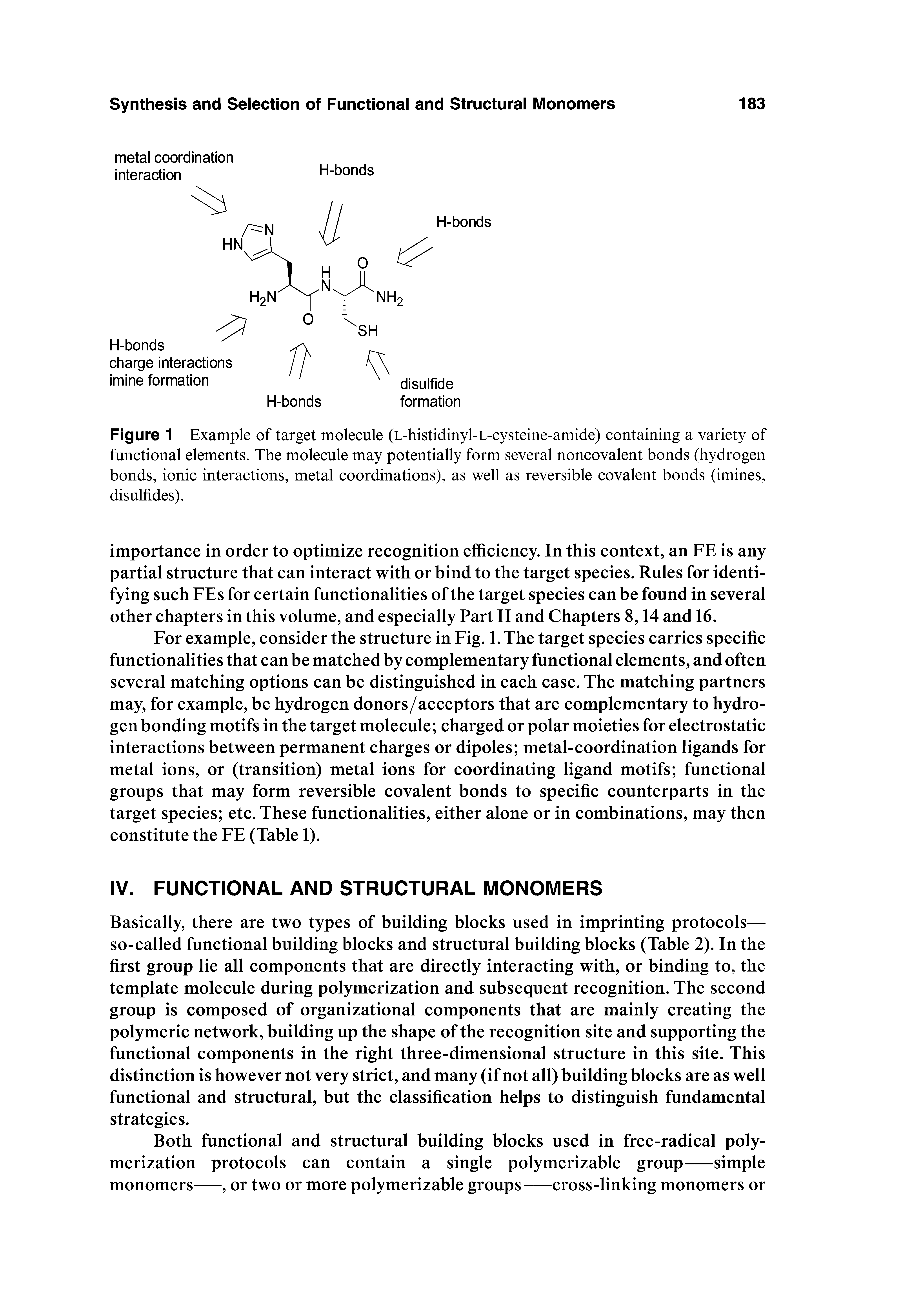 Figure 1 Example of target molecule (L-histidinyl-L-cysteine-amide) containing a variety of functional elements. The molecule may potentially form several noncovalent bonds (hydrogen bonds, ionic interactions, metal coordinations), as well as reversible covalent bonds (imines, disulfides).