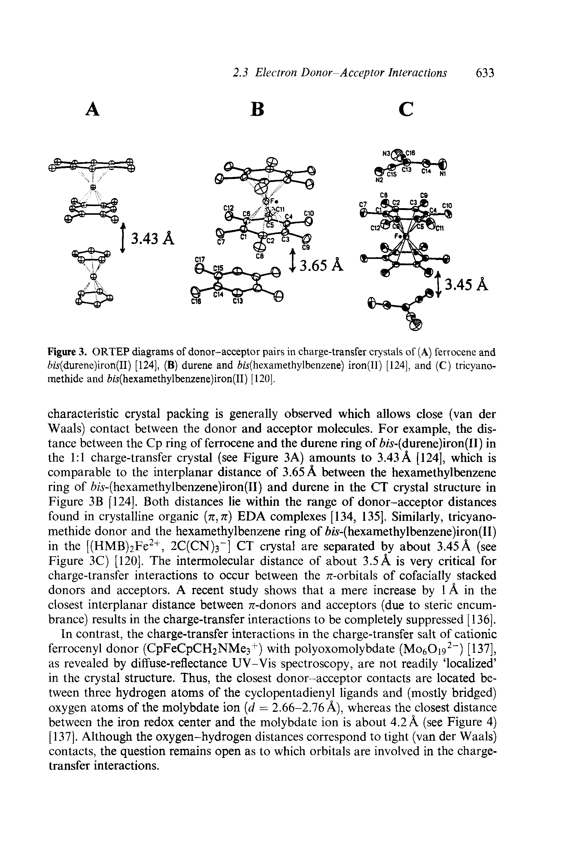 Figure 3. ORTEP diagrams of donor-acceptor pairs in charge-transfer crystals of (A) ferrocene and 6w(durene)iron(II) [124], (B) durene and i u(hexamethylbenzene) iron(II) [124], and (C) tricyano-methide and 6M(hexamethylbenzene)iron(II) [120],...
