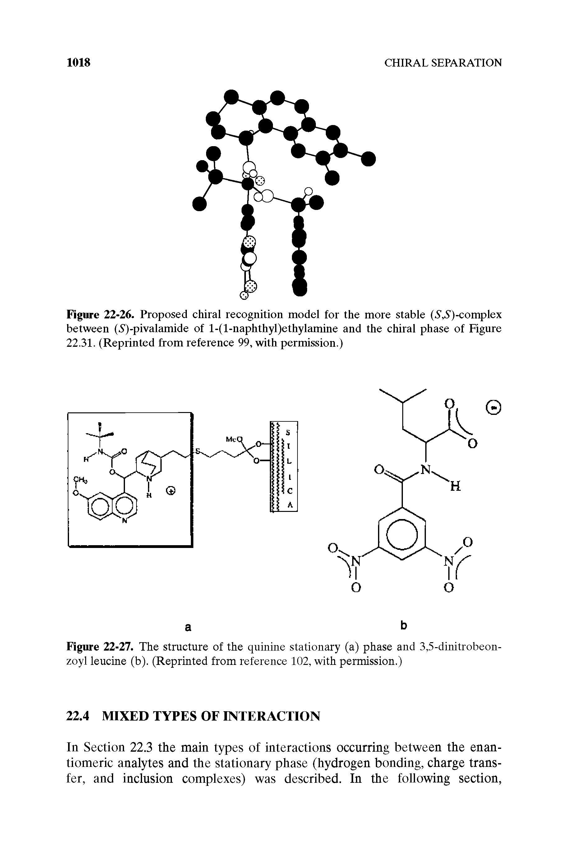 Figure 22-27. The structure of the quinine stationary (a) phase and 3,5-dinitrobeon-zoyl leucine (b). (Reprinted from reference 102, with permission.)...