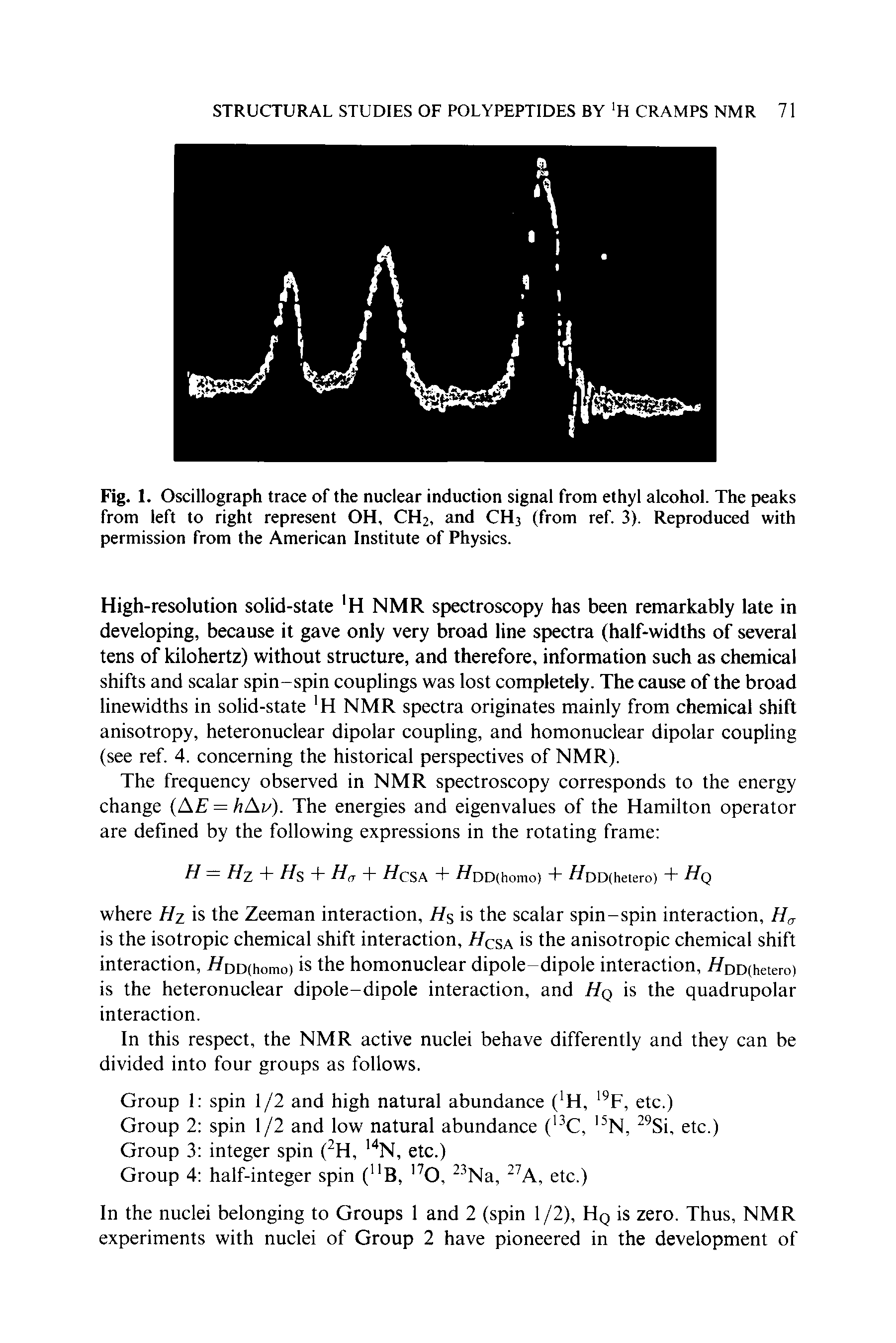 Fig. 1. Oscillograph trace of the nuclear induction signal from ethyl alcohol. The peaks from left to right represent OH, CH2, and CH, (from ref. 3). Reproduced with permission from the American Institute of Physics.