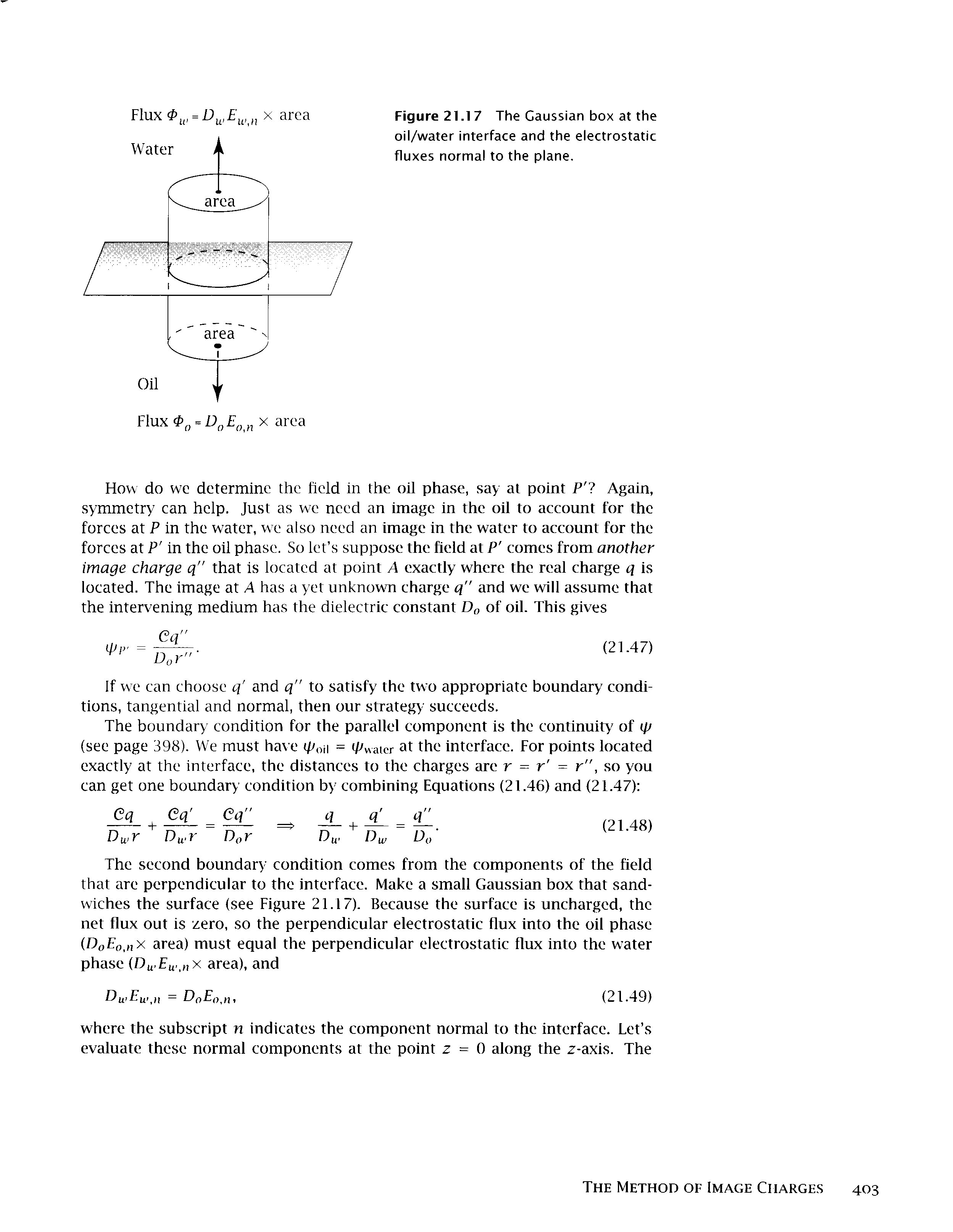 Figure 21.17 The Gaussian box at the oil/water interface and the electrostatic fluxes normal to the plane.