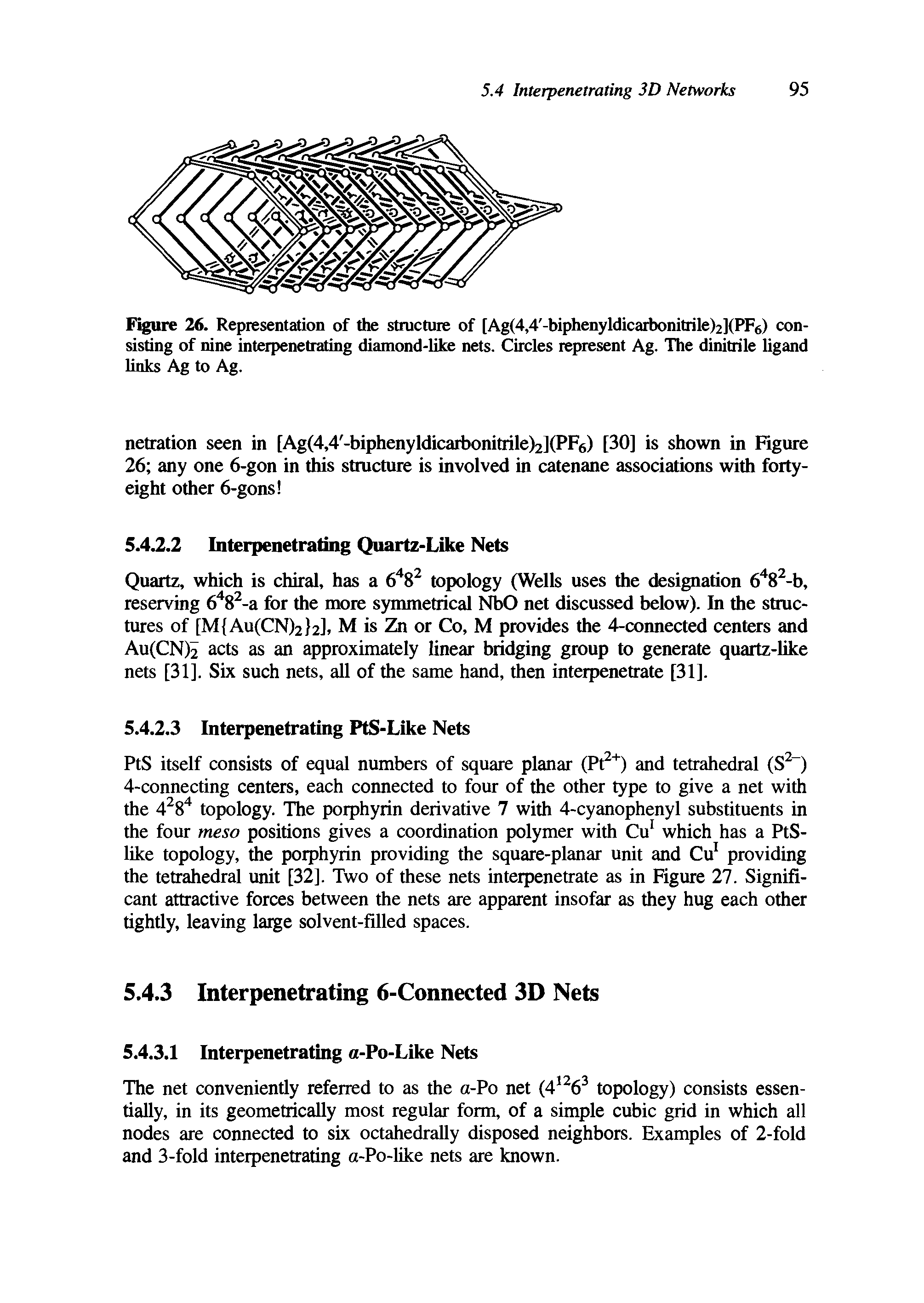 Figure 26. Representation of the structure of [Ag(4,4 -biphenyldicarbonitrile)2](PF6) consisting of nine interpenetrating diamond-like nets. Circles represent Ag. The dinitrile ligand links Ag to Ag.