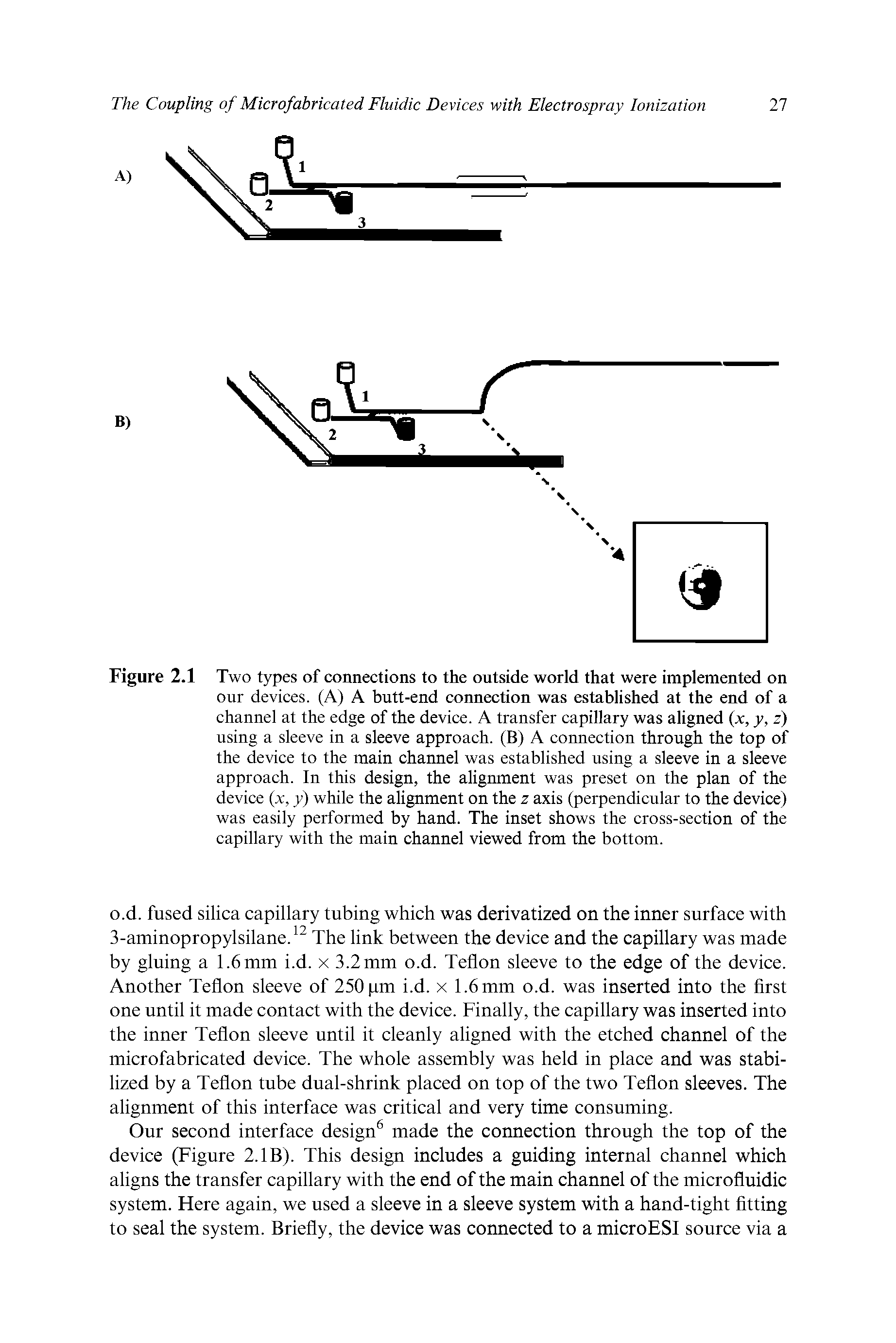 Figure 2.1 Two types of connections to the outside world that were implemented on our devices. (A) A butt-end connection was established at the end of a channel at the edge of the device. A transfer capillary was aligned (x, y, z) using a sleeve in a sleeve approach. (B) A connection through the top of the device to the main channel was established using a sleeve in a sleeve approach. In this design, the alignment was preset on the plan of the device (x, y) while the alignment on the z axis (perpendicular to the device) was easily performed by hand. The inset shows the cross-section of the capillary with the main channel viewed from the bottom.