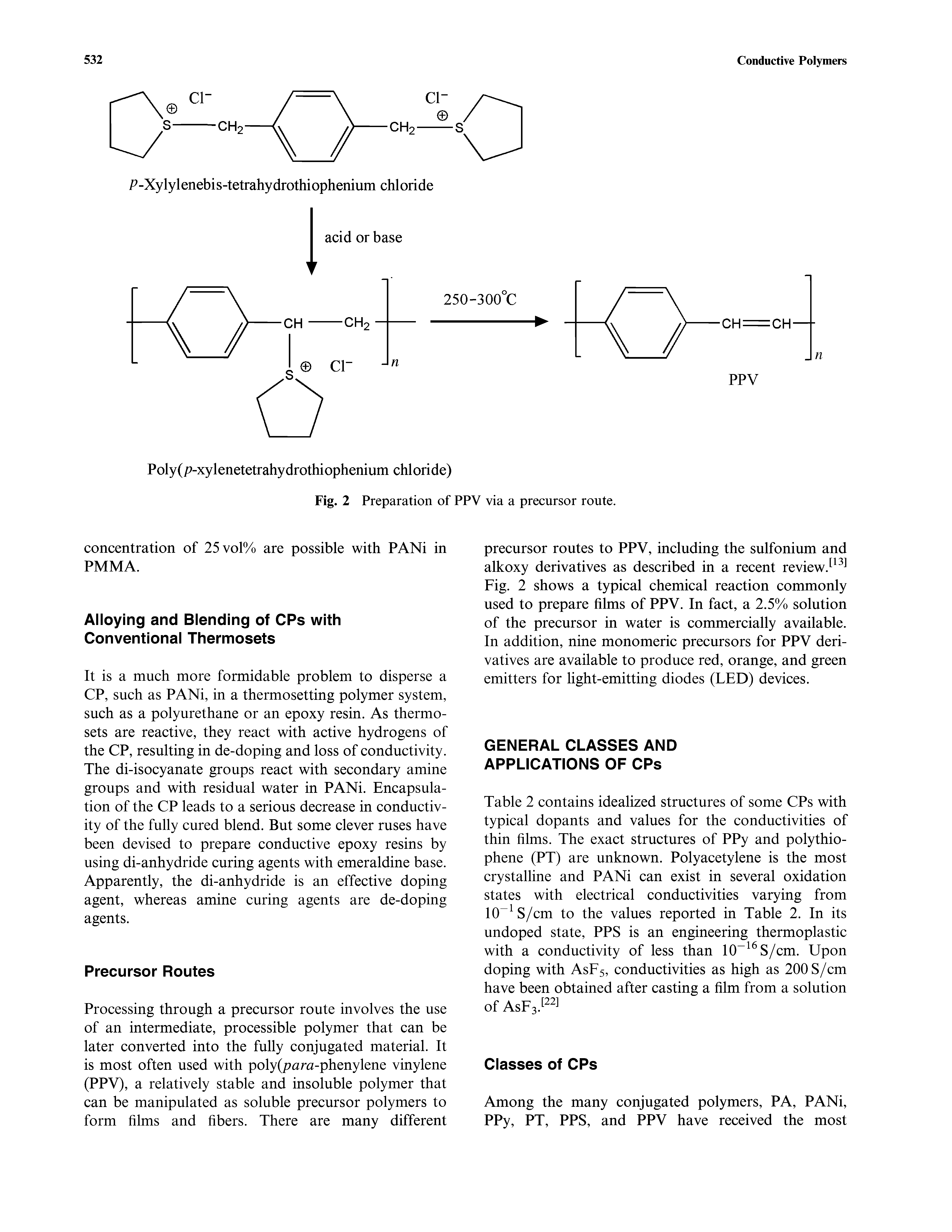 Table 2 contains idealized structures of some CPs with typical dopants and values for the conductivities of thin films. The exact structures of PPy and poly thiophene (PT) are unknown. Polyacetylene is the most crystalline and PANi can exist in several oxidation states with electrical conductivities varying from 10 S/cm to the values reported in Table 2. In its undoped state, PPS is an engineering thermoplastic with a conductivity of less than 10 S/cm. Upon doping with ASF5, conductivities as high as 200S/cm have been obtained after casting a film from a solution of AsFsP ...