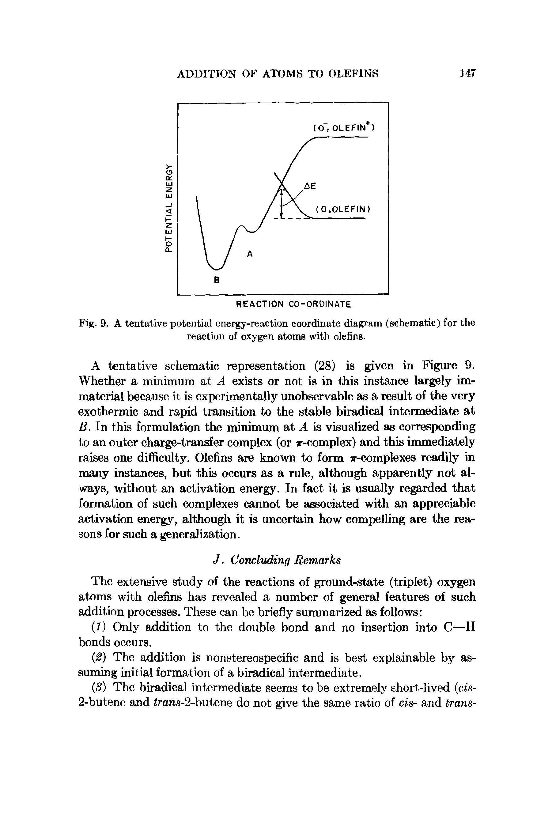 Fig. 9. A tentative potential energy-reaction coordinate diagram (schematic) for the reaction of oxygen atoms with olefins.