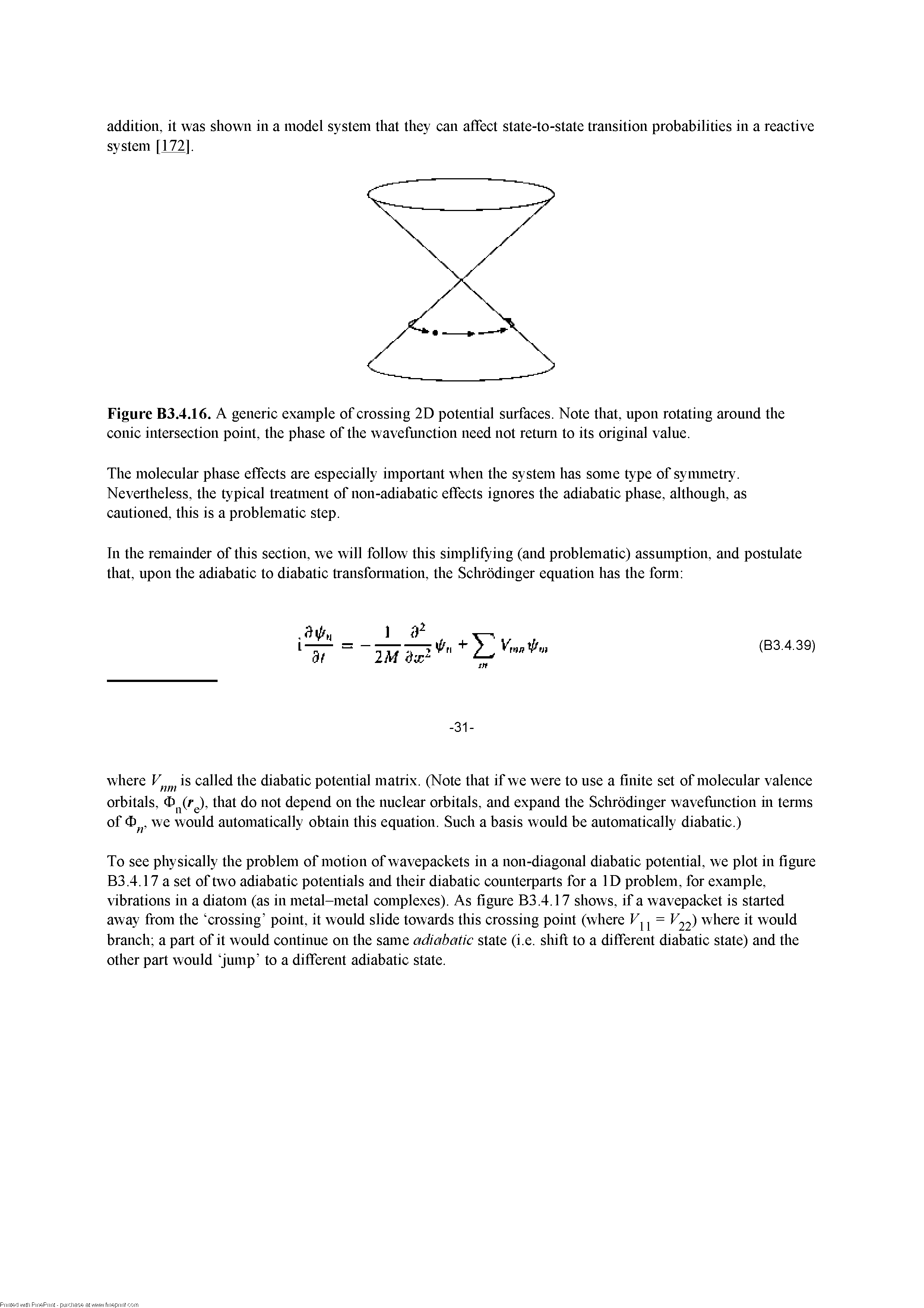 Figure B3.4.16. A generic example of crossing 2D potential surfaces. Note that, upon rotating around the conic intersection point, the phase of the wavefunction need not return to its original value.