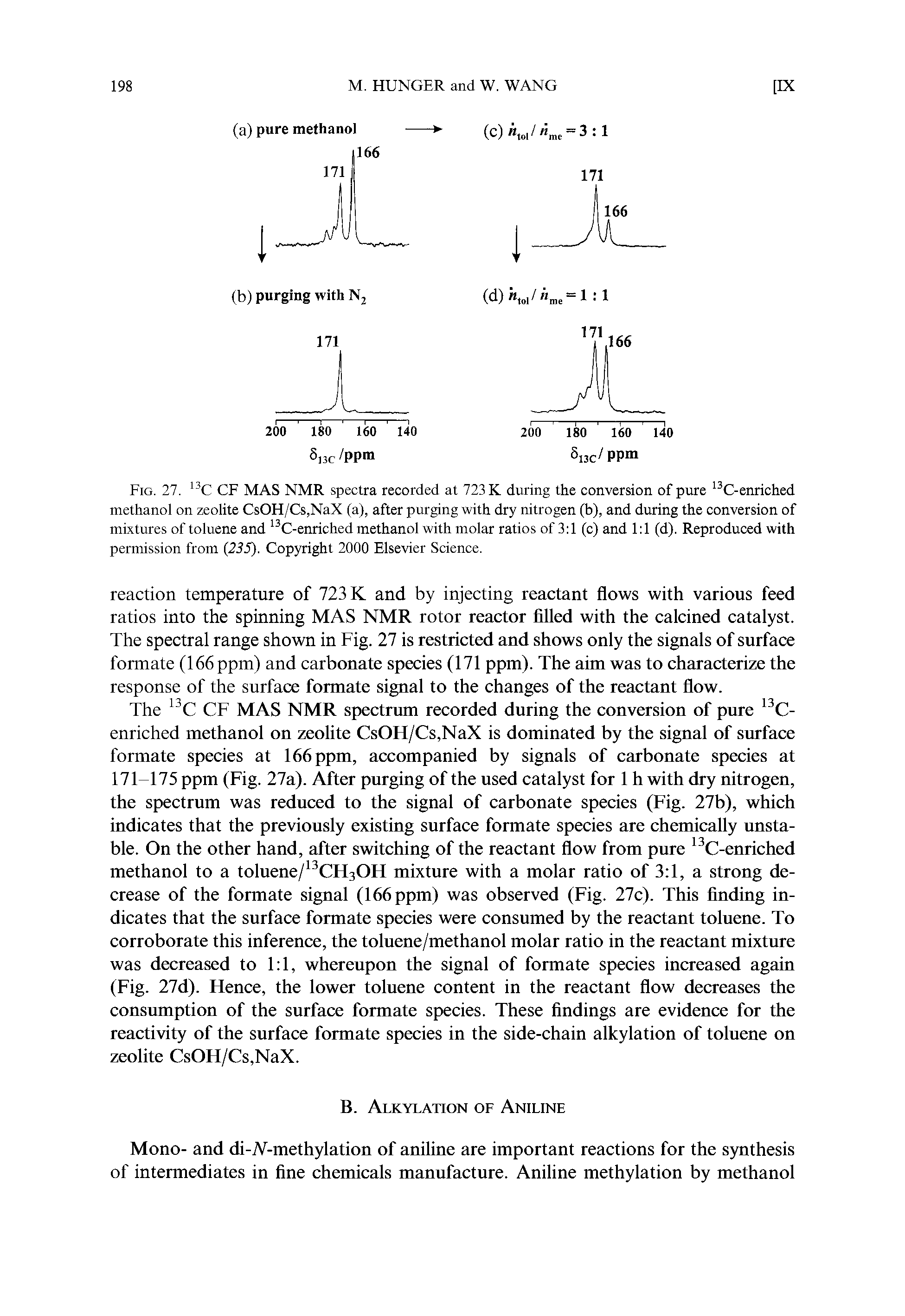 Fig. 27. CF MAS NMR spectra recorded at 723 K during the conversion of pure C-enriched methanol on zeolite CsOH/Cs,NaX fa), after purging with dry nitrogen (b), and during the conversion of mixtures of toluene and C-enriched methanol with molar ratios of 3 1 (c) and 1 1 (d). Reproduced with permission from (23f). Copyright 2000 Elsevier Science.