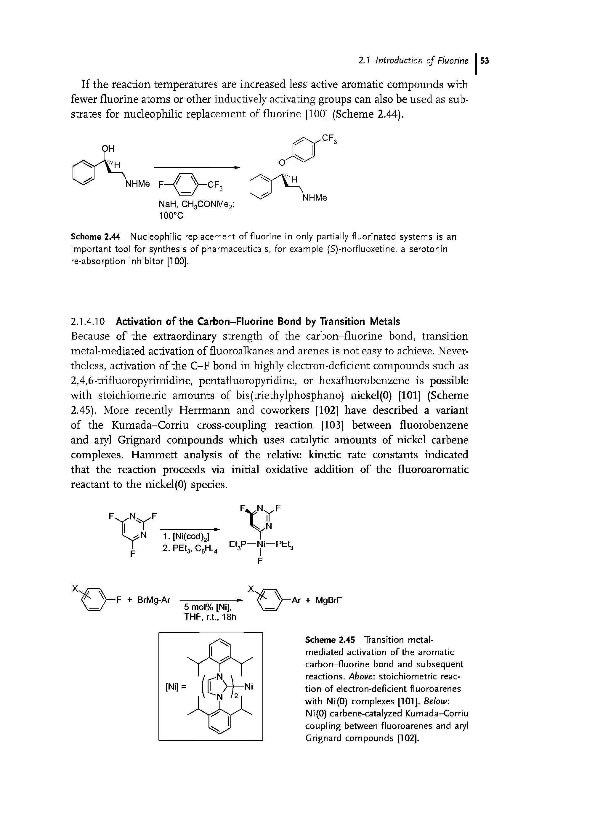 Scheme 2.45 Transition metal-mediated activation of the aromatic carbon—fluorine bond and subsequent reactions. Ahoue stoichiometric reaction of electron-deflclent fluoroarenes with NI(0) complexes [101]. Belou Ni(0) carbene-catalyzed Kumada-Corriu coupling between fluoroarenes and aryl Grignard compounds [102].