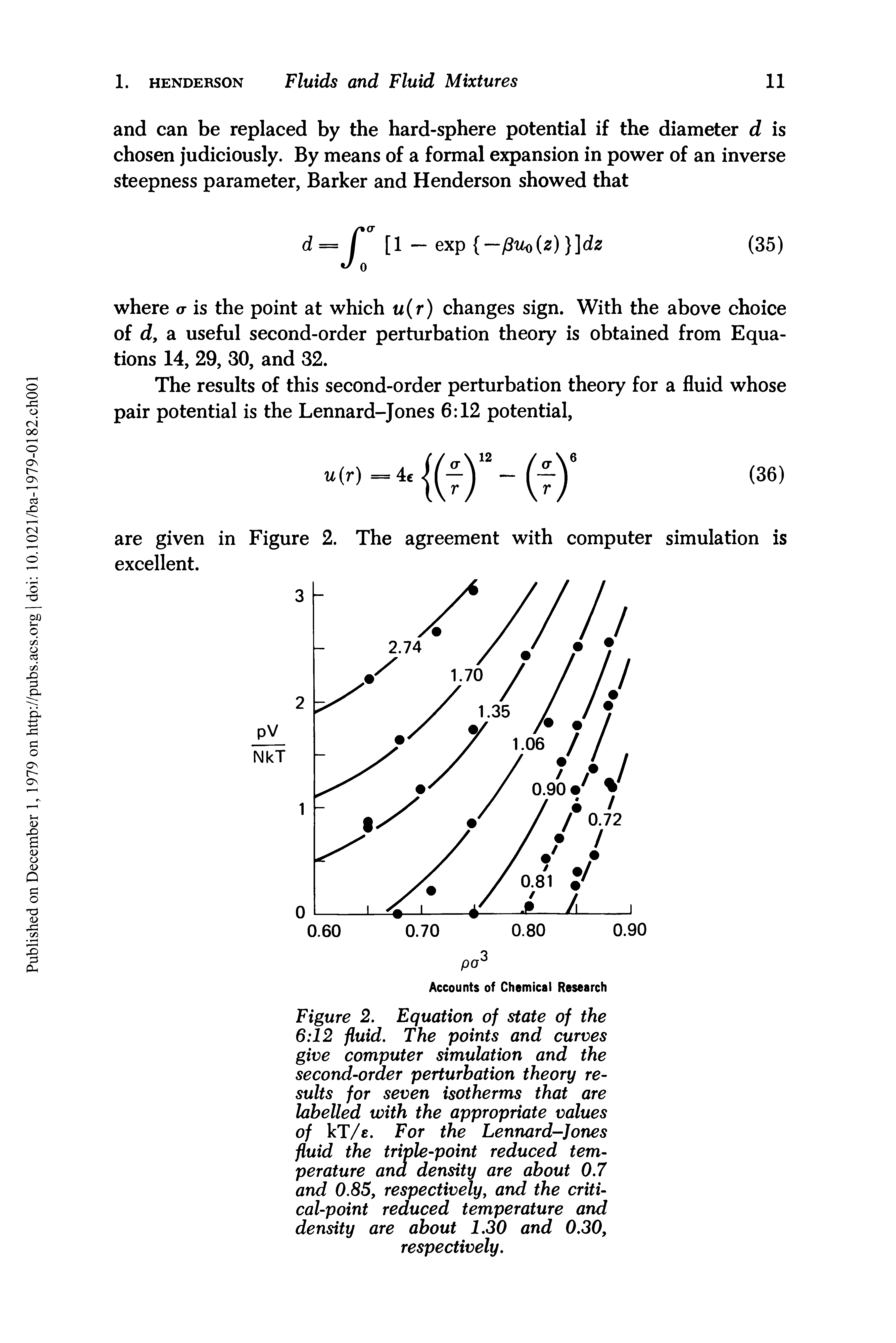 Figure 2. Equation of state of the 6 12 fluid. The points and curves give computer simulation and the second-order perturbation theory results for seven isotherms that are labelled with the appropriate values of kT/e. For the Lennard-Jones fluid the triple-point reduced temperature ana density are about 0.7 and 0.85, respectively, and the critical-point reduced temperature and density are about 1.30 and 0.30, respectively.
