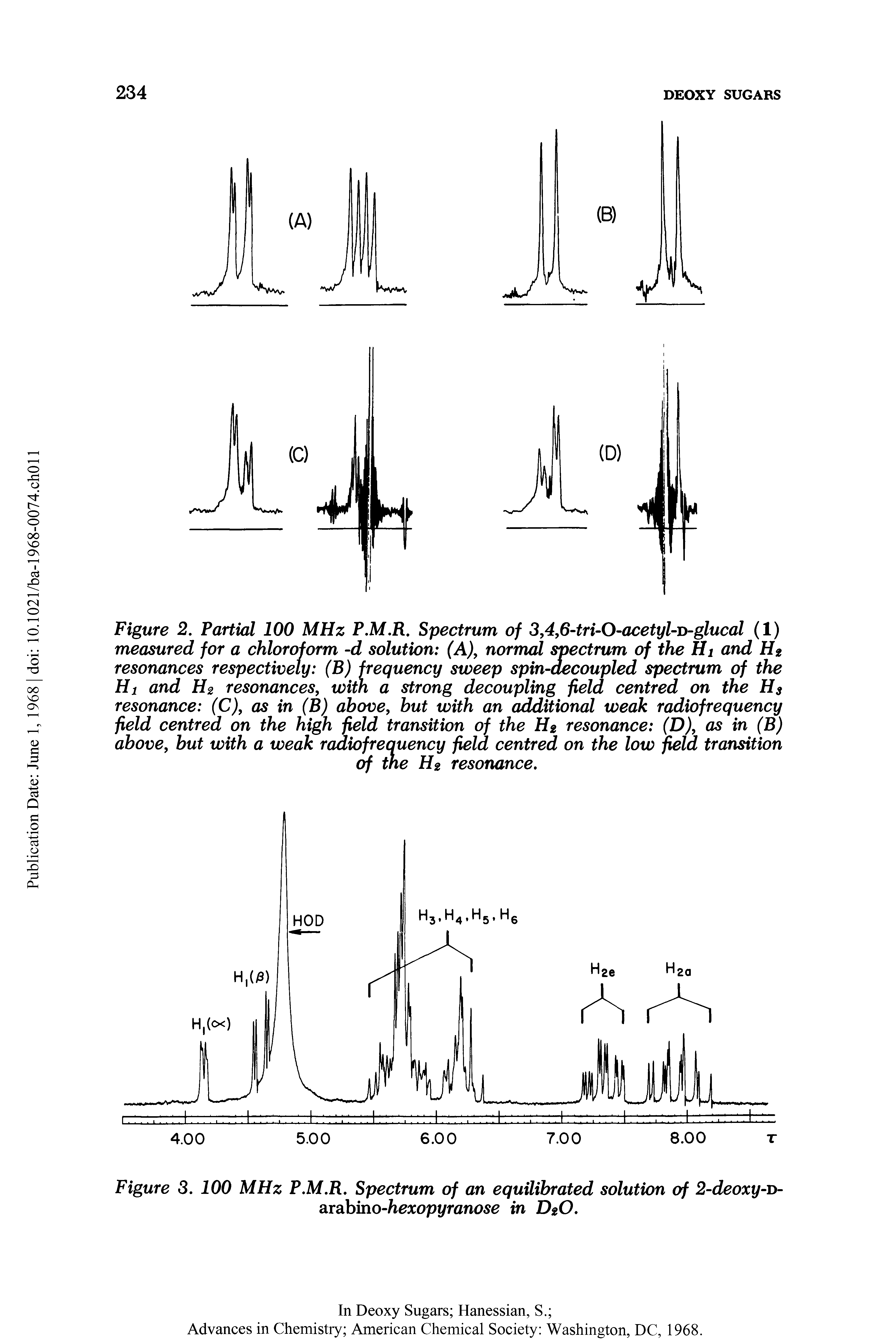 Figure 2. Partial 100 MHz P.M.R. Spectrum of 3,4,6-tri-O-acetyl-v-glucal (1) measured for a chloroform -d solution (A normal spectrum of the Hi and H2 resonances respectively (B) frequency sweep spin-decoupled spectrum of the Hi and H2 resonances, with a strong decoupling field centred on the Hs resonance (C), as in (B) above, but with an additional weak radiofrequency field centred on the high field transition of the H2 resonance (D), as in (B) above, but with a weak radiofreauency field centred on the low field transition...