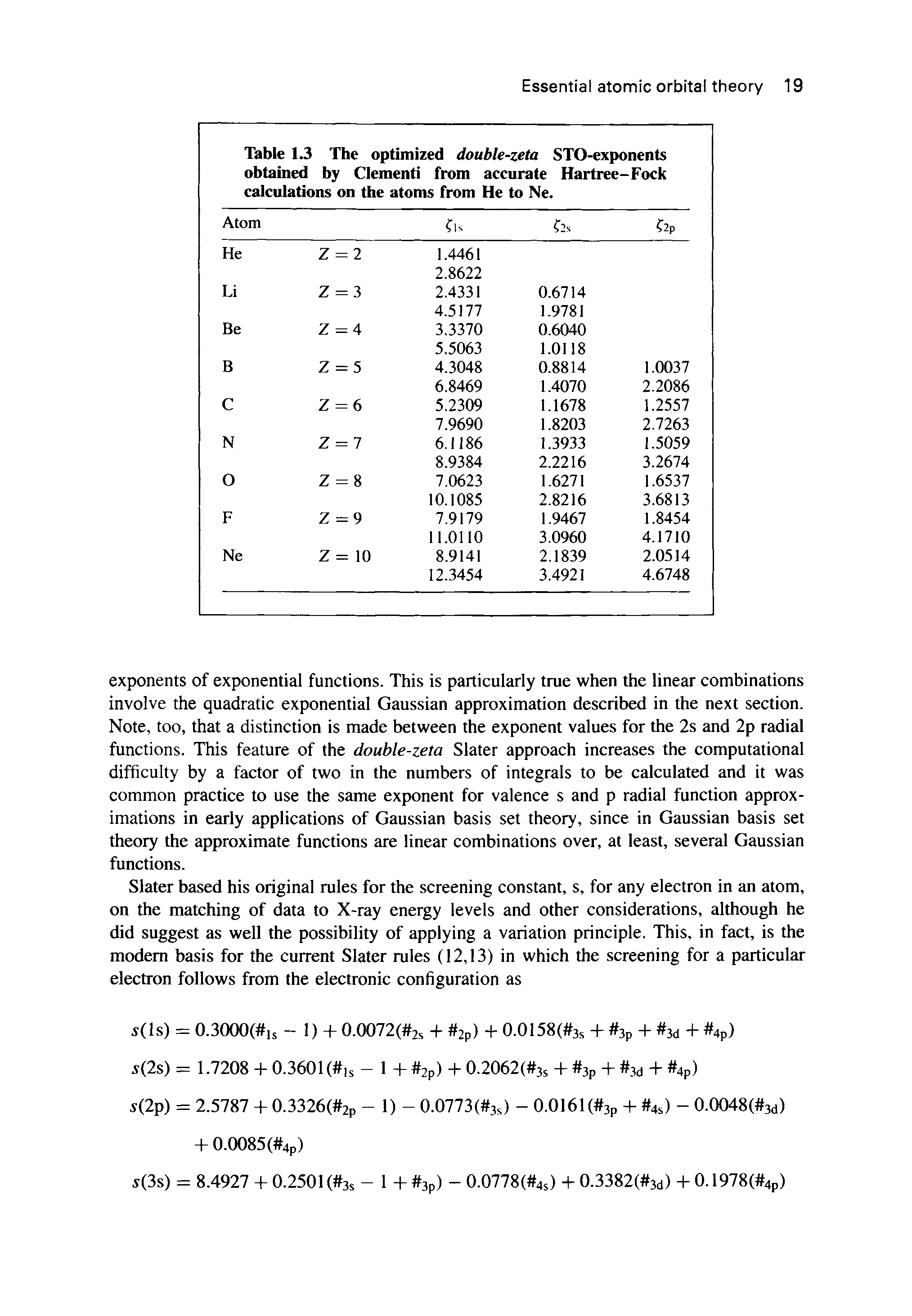 Table 13 The optimized double-zeta STO-exponents obtained by dementi from accurate Hartree-Fock calculations on the atoms from He to Ne.