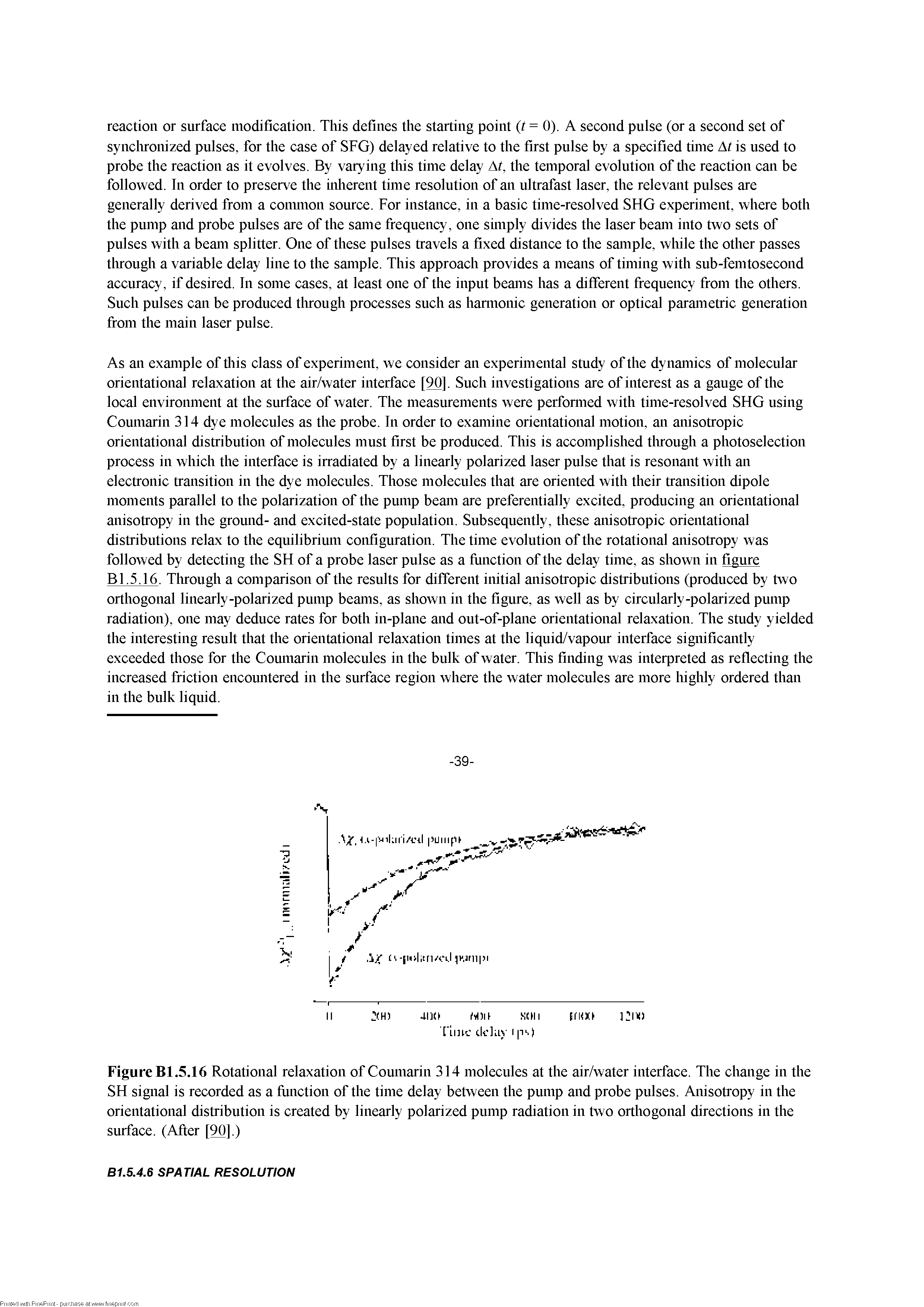 FigureBl.5.16 Rotational relaxation of Coumarin 314 molecules at the air/water interface. The change in the SFI signal is recorded as a fimction of the time delay between the pump and probe pulses. Anisotropy in the orientational distribution is created by linearly polarized pump radiation in two orthogonal directions in the surface. (After [90].)...