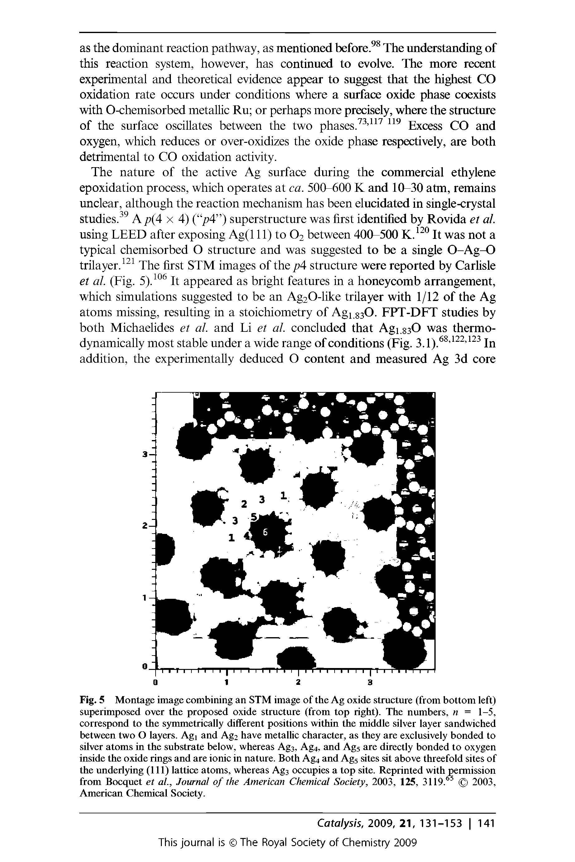 Fig. 5 Montage image combining an STM image of the Ag oxide structure (from bottom left) superimposed over the proposed oxide structure (from top right). The numbers, n = 1-5, correspond to the symmetrically different positions within the middle silver layer sandwiched between two O layers. Agi and Ag2 have metallic character, as they are exclusively bonded to silver atoms in the substrate below, whereas Ags, Ag4, and Ags are directly bonded to oxygen inside the oxide rings and are ionic in nature. Both Ag4 and Ags sites sit above threefold sites of the underlying (111) lattice atoms, whereas Ags occupies a top site. Reprinted with permission from Bocquet et at.. Journal of the American Chemical Society, 2003, 125, 3119. 2003, American Chemical Society.