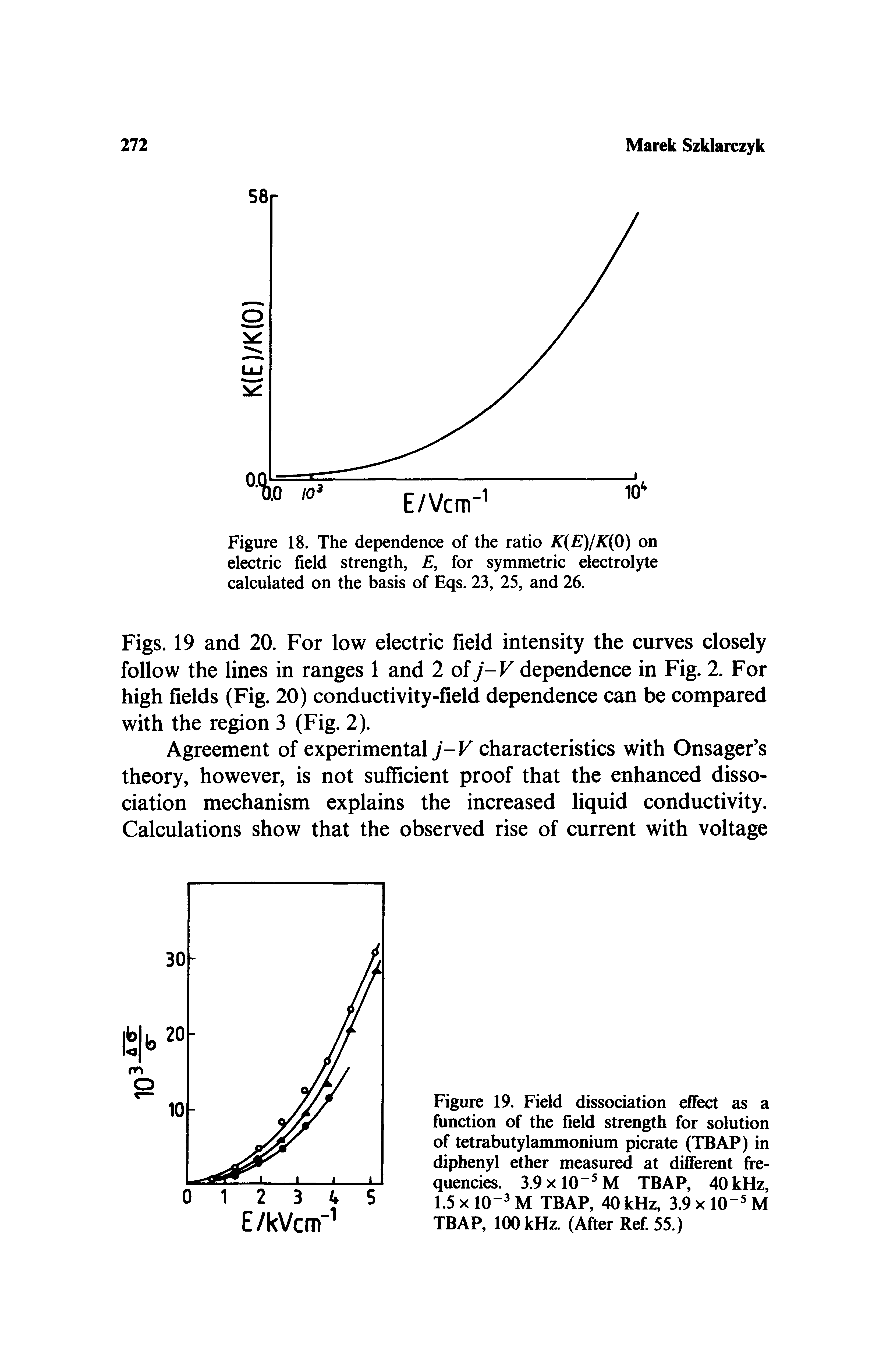 Figure 19. Field dissociation effect as a function of the field strength for solution of tetrabutylammonium picrate (TBAP) in diphenyl ether measured at different frequencies. 3.9xl0 M TBAP, 40 kHz, 1.5 X 10" M TBAP, 40 kHz, 3.9 x 10" M TBAP, 100 kHz. (After Ref. 55.)...