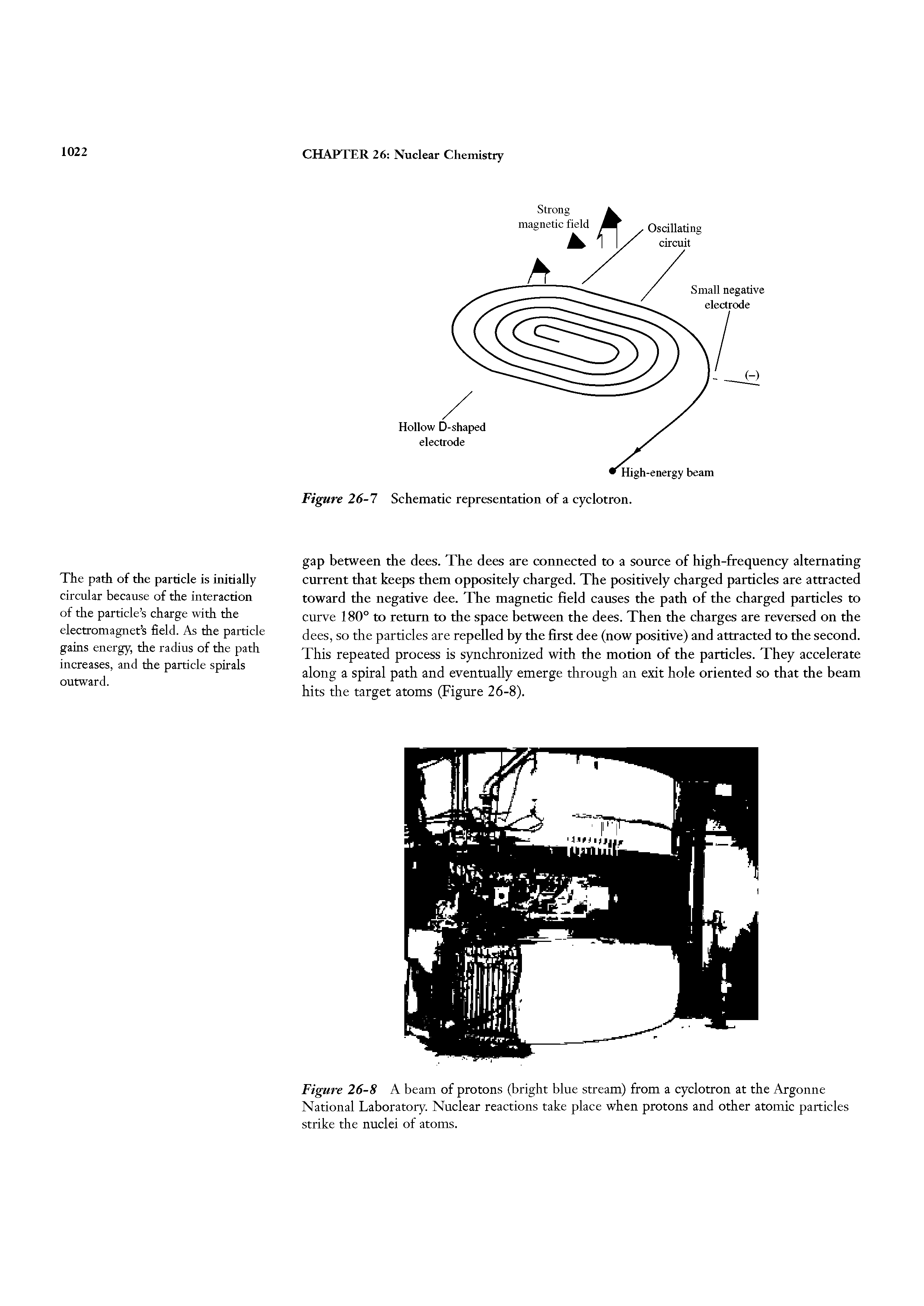 Figure 26-8 A beam of protons (bright blue stream) from a cyclotron at the Argonne National Laboratory. Nuclear reactions take place when protons and other atomic particles strike the nuclei of atoms.
