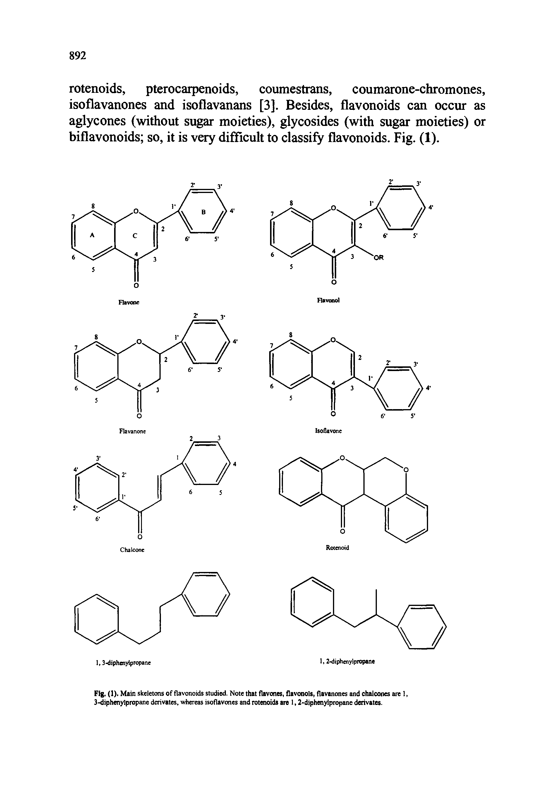 Fig. (1). Main skeletons of flavonoids studied. Note that flavones, flavonols, flavanones and chalconesare 1, 3-diphenylpropane derivates, whereas isoflavones and rotenoids are 1,2-diphenylpropane derivates.
