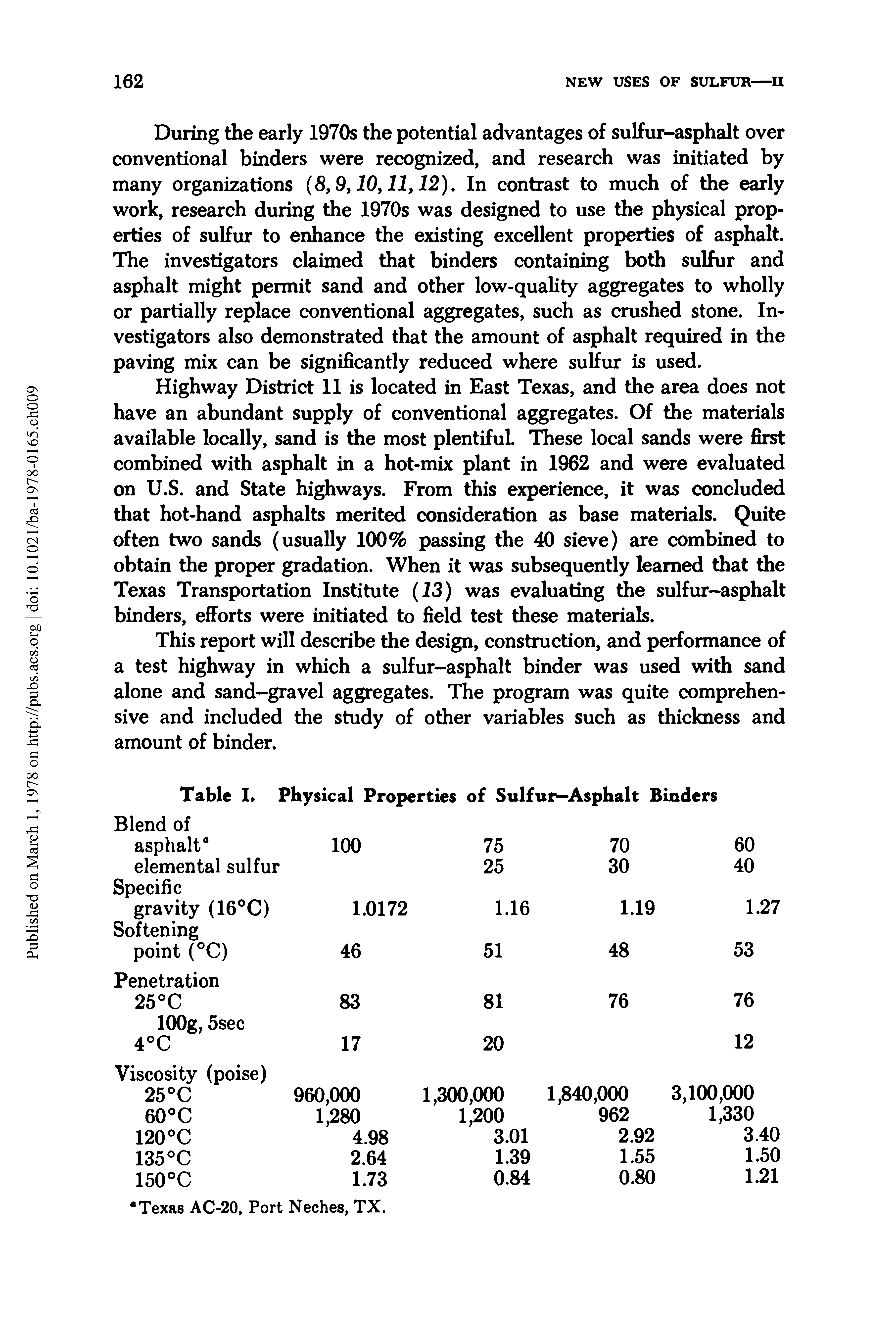 Table I. Physical Properties of Sulfur-Asphalt Binders...