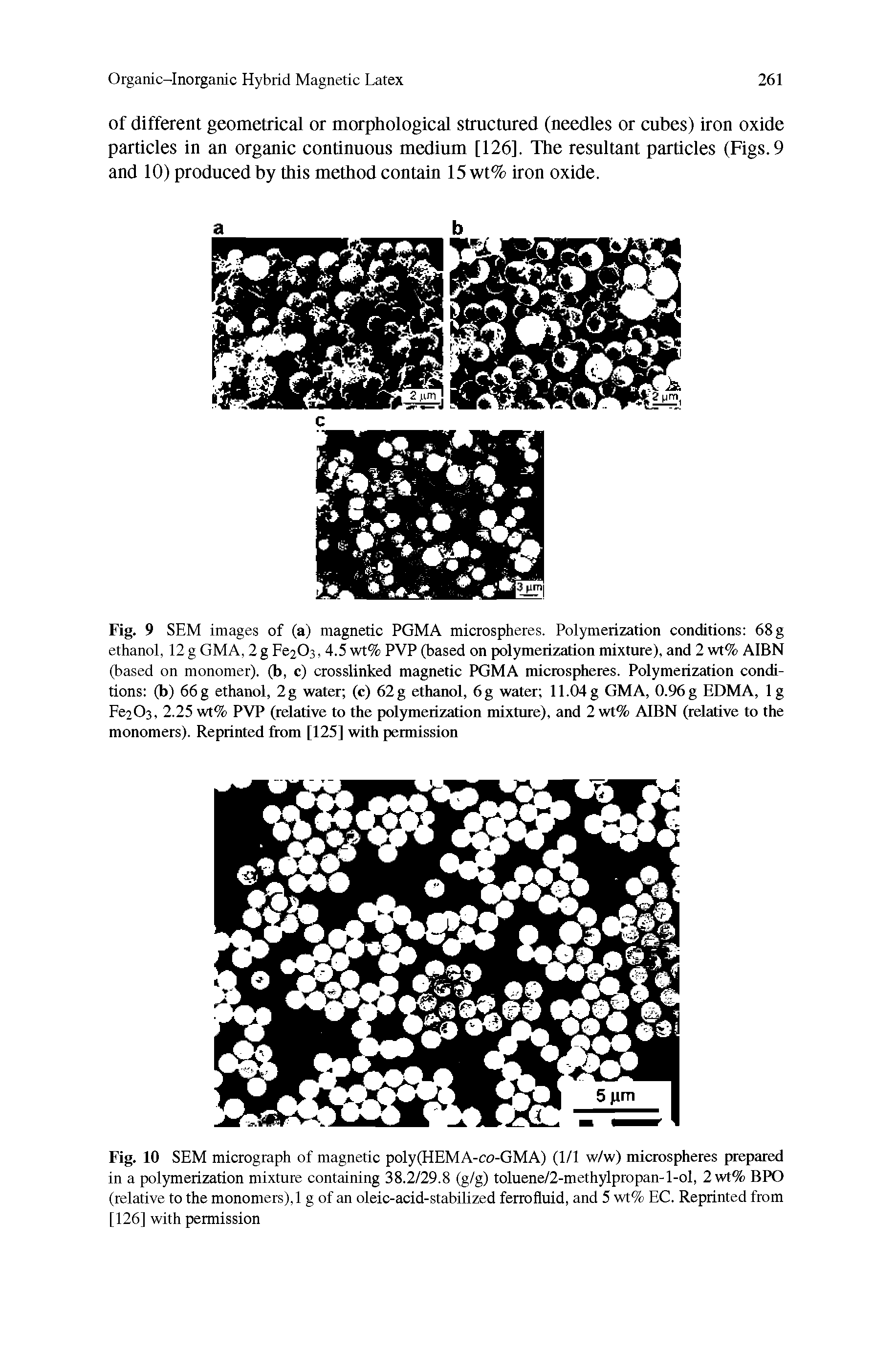 Fig. 9 SEM images of (a) magnetic PGMA microspheres. Polymerization conditions 68 g ethanol, 12 g GMA, 2 g Fe203, 4.5 wt% PVP (based on polymerization mixture), and 2 wt% AIBN (based on monomer), (b, c) crosslinked magnetic PGMA nuciospheres. Polymerization conditions (b) 66 g ethanol, 2g water (c) 62 g ethanol, 6g water 11.04g GMA, 0.96 g EDMA, Ig Fe203, 2.25 wt% PVP (relative to the polymerization mixture), and 2 wt% AIBN (relative to the monomers). Reprinted from [125] with permission...