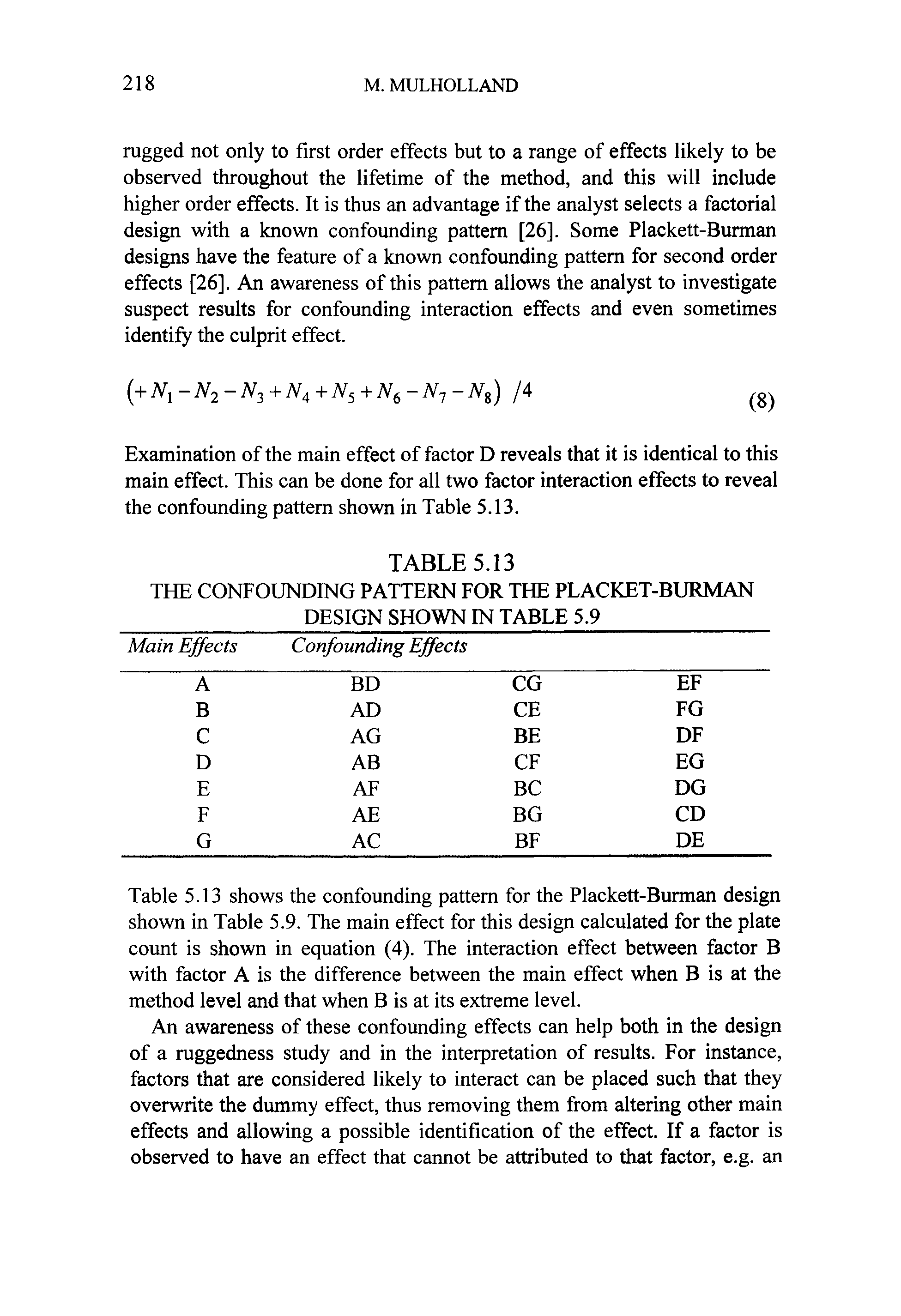 Table 5.13 shows the confounding pattern for the Plackett-Burman design shown in Table 5.9. The main effect for this design calculated for the plate count is shown in equation (4). The interaction effect between factor B with factor A is the difference between the main effect when B is at the method level and that when B is at its extreme level.