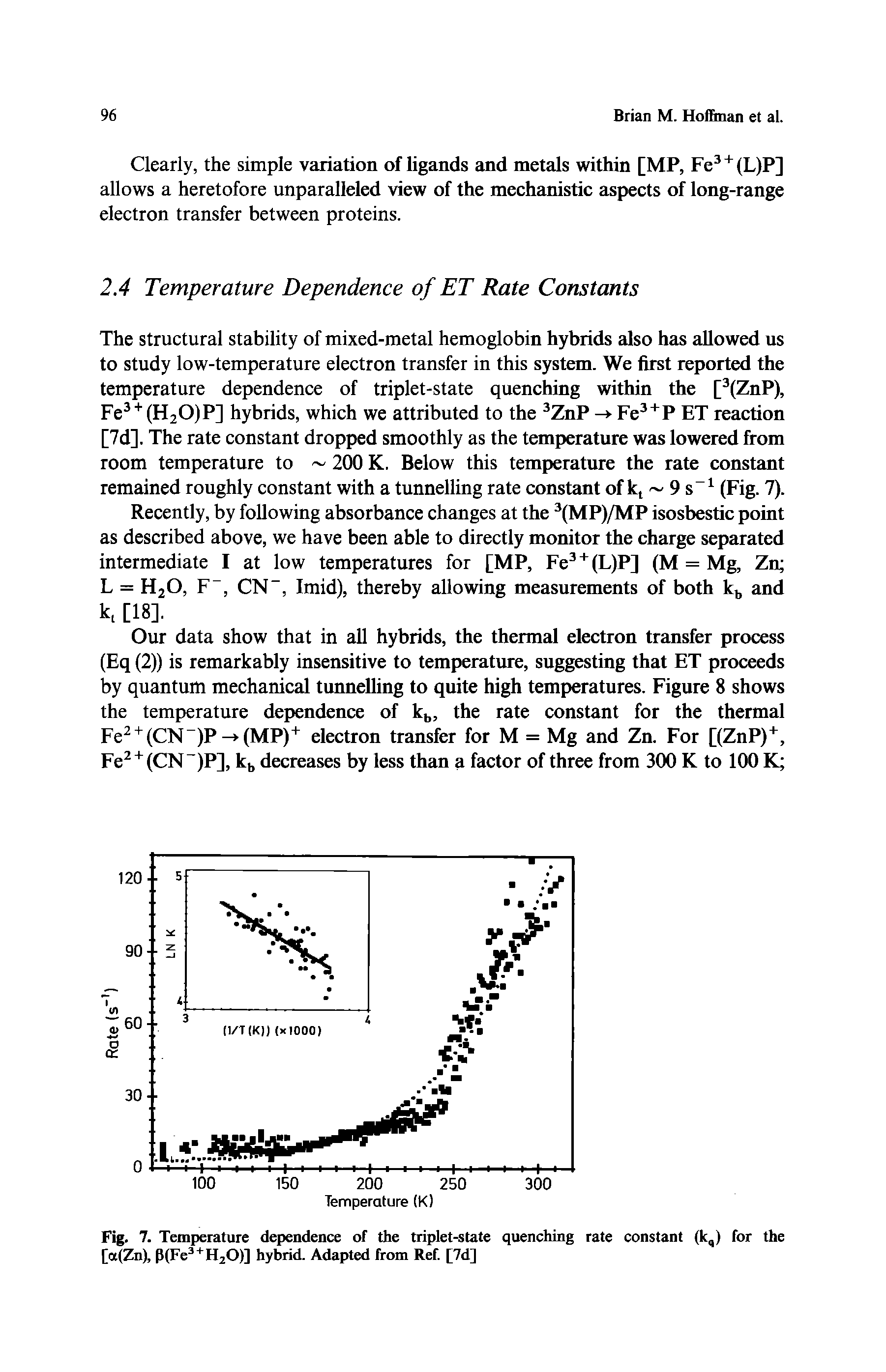Fig. 7. Temperature dependence of the triplet-state quenching rate constant (k,) for the [a(Zn), PiFe +HjO)] hybrid. Adapted from Ret [7d]...